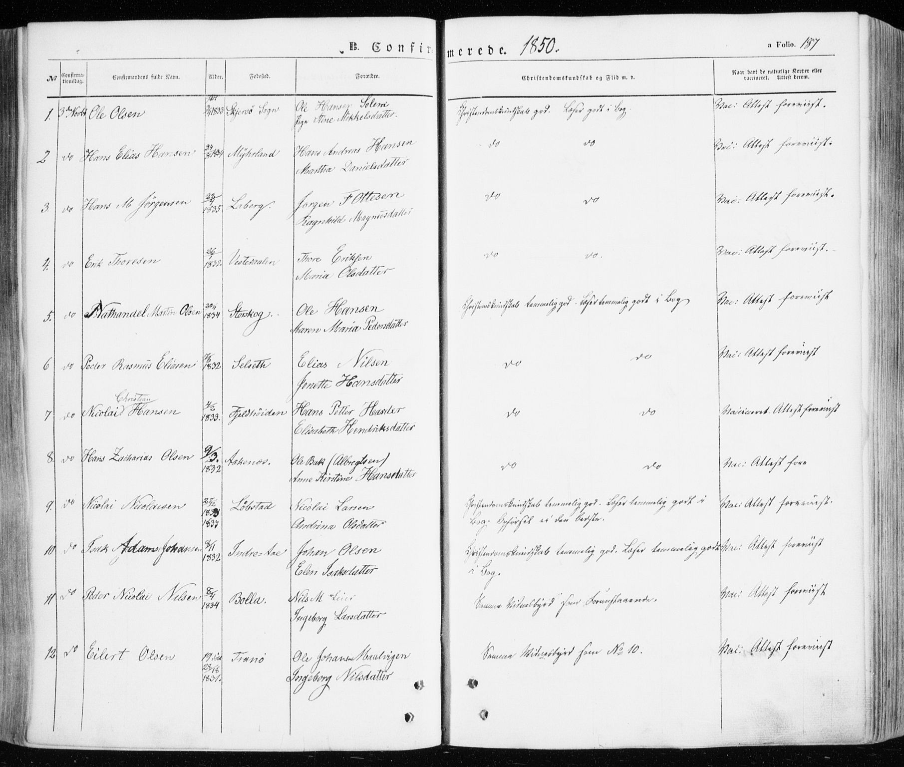 Ibestad sokneprestembete, AV/SATØ-S-0077/H/Ha/Haa/L0008kirke: Ministerialbok nr. 8, 1850-1859, s. 187