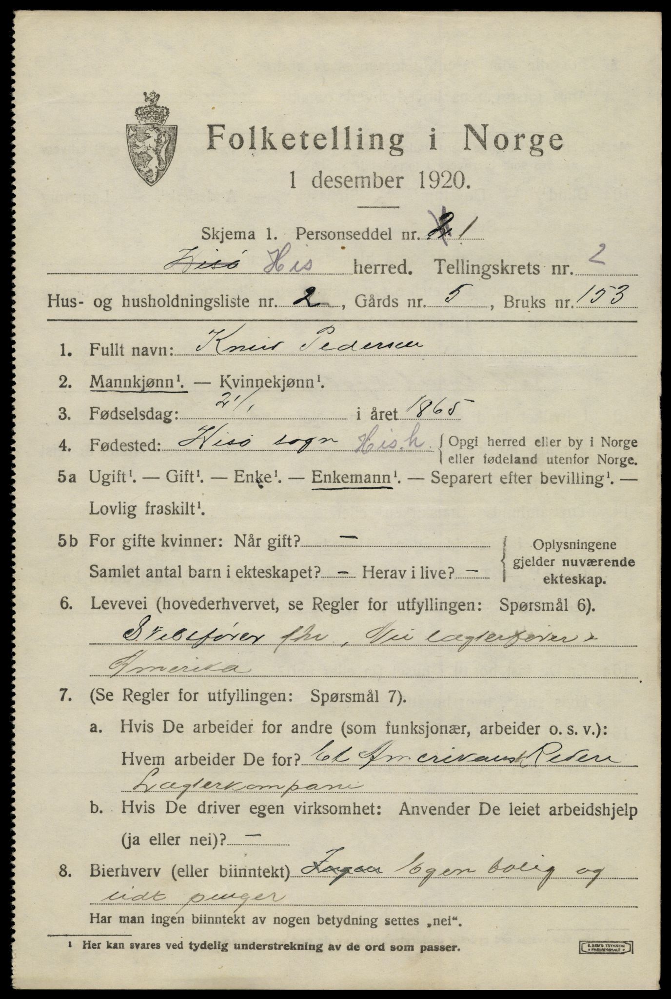SAK, Folketelling 1920 for 0922 Hisøy herred, 1920, s. 2404