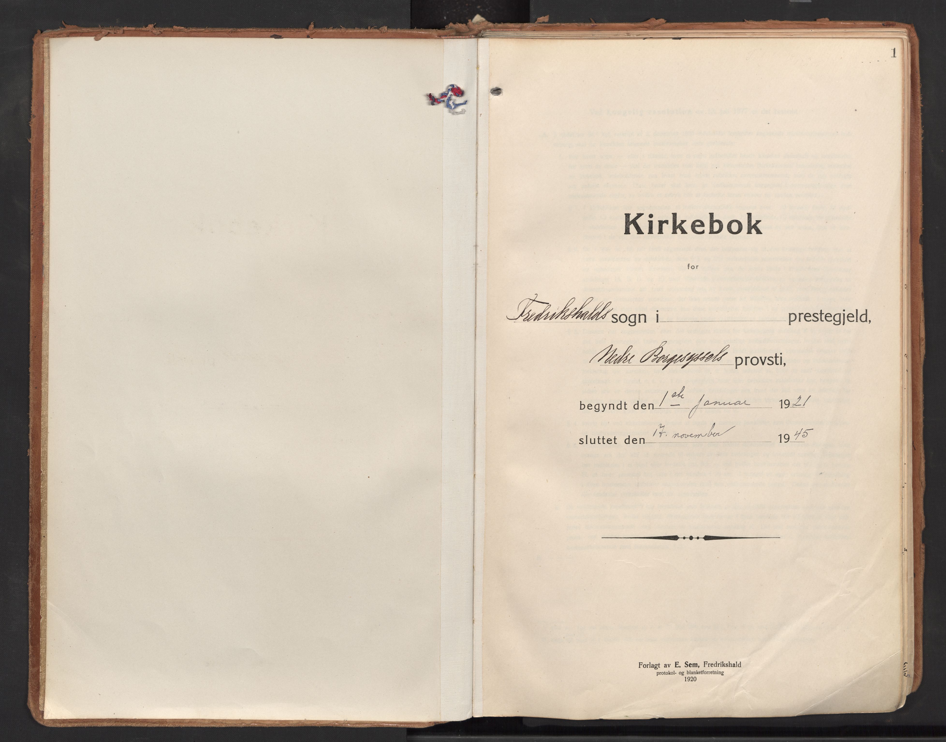 Halden prestekontor Kirkebøker, AV/SAO-A-10909/F/Fa/L0017: Ministerialbok nr. I 17, 1921-1945, s. 1