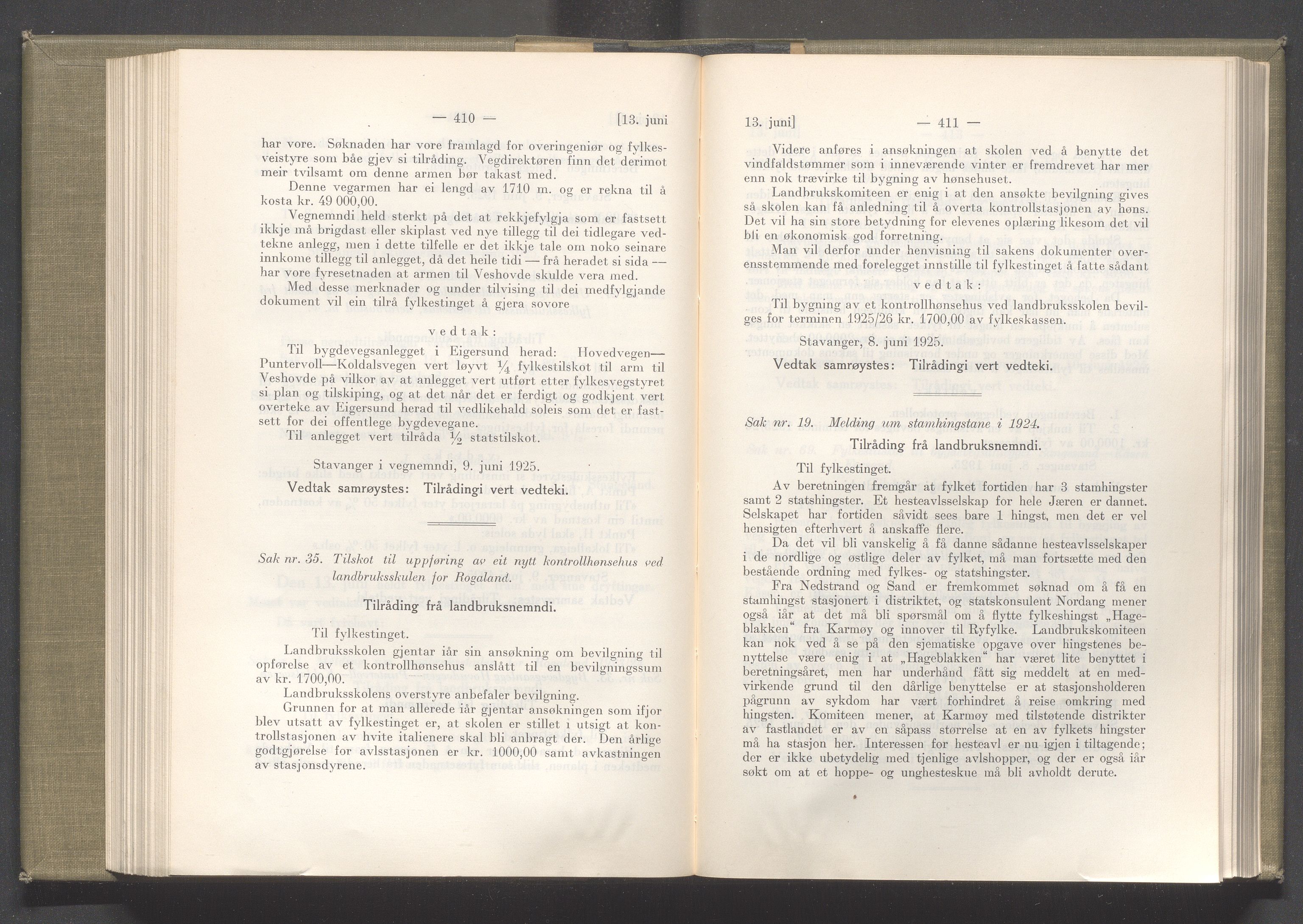 Rogaland fylkeskommune - Fylkesrådmannen , IKAR/A-900/A/Aa/Aaa/L0044: Møtebok , 1925, s. 410-411