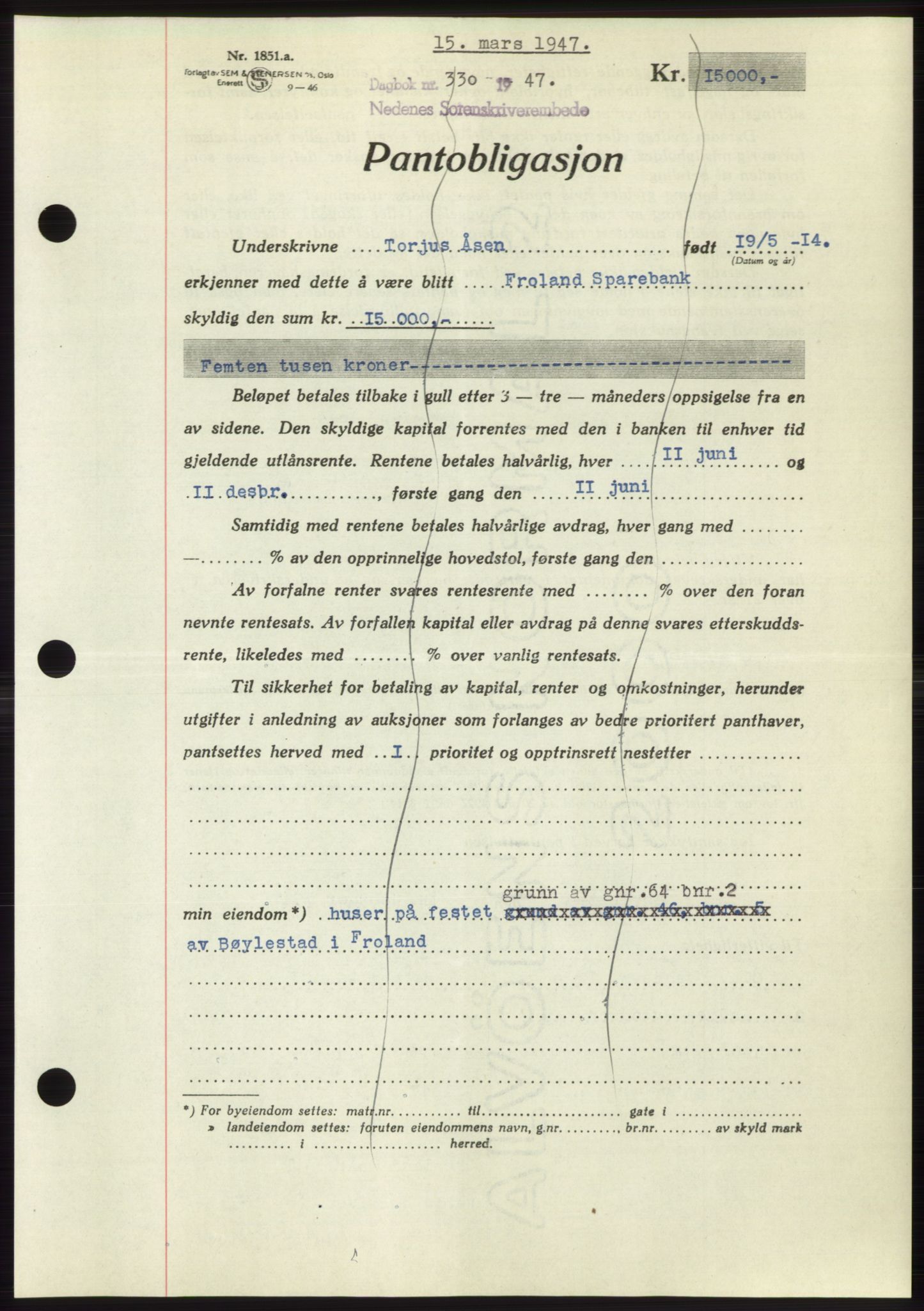 Nedenes sorenskriveri, SAK/1221-0006/G/Gb/Gbb/L0004: Pantebok nr. B4, 1947-1947, Dagboknr: 330/1947