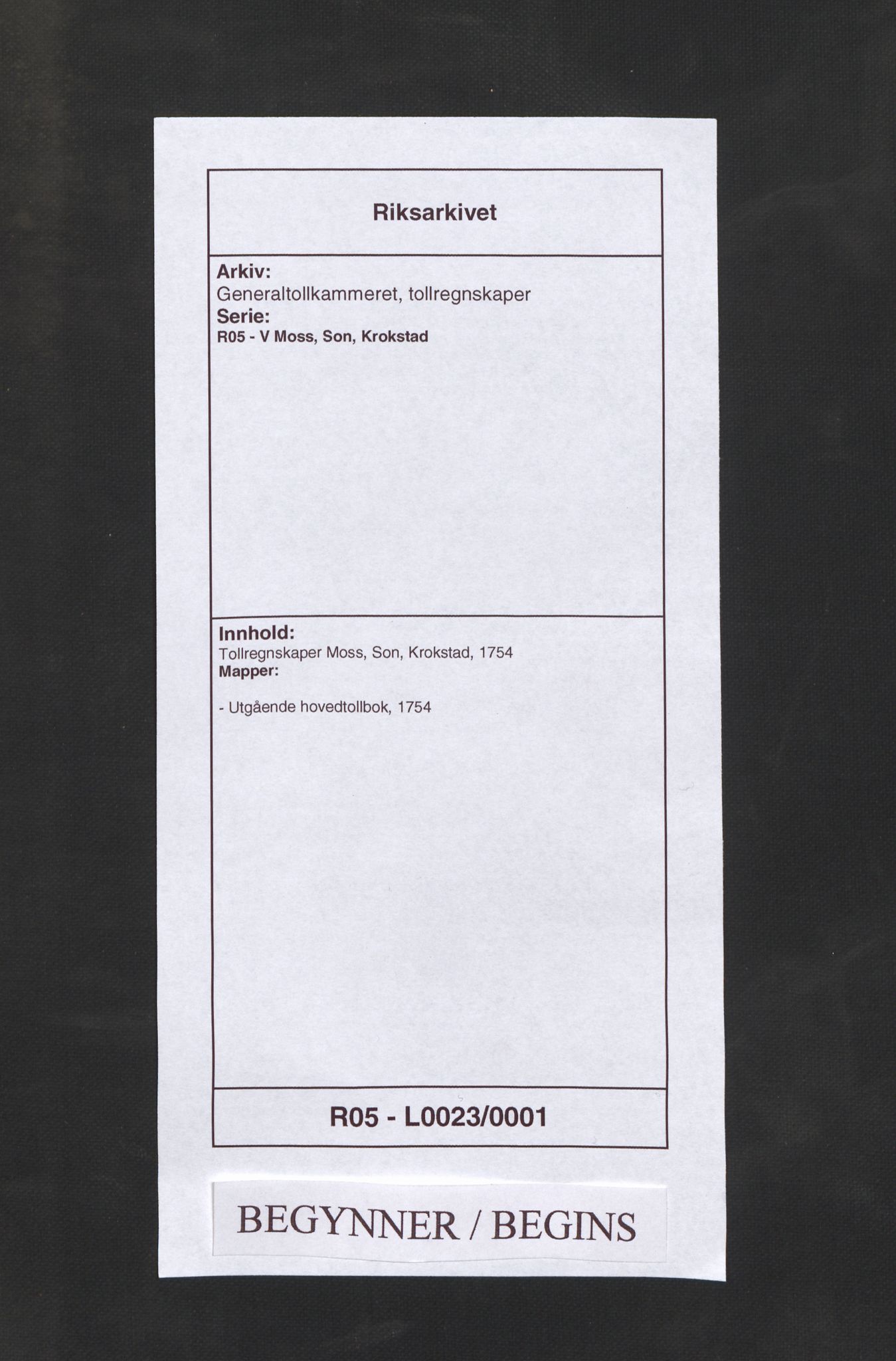 Generaltollkammeret, tollregnskaper, RA/EA-5490/R05/L0023/0001: Tollregnskaper Moss, Son, Krokstad / Utgående hovedtollbok, 1754