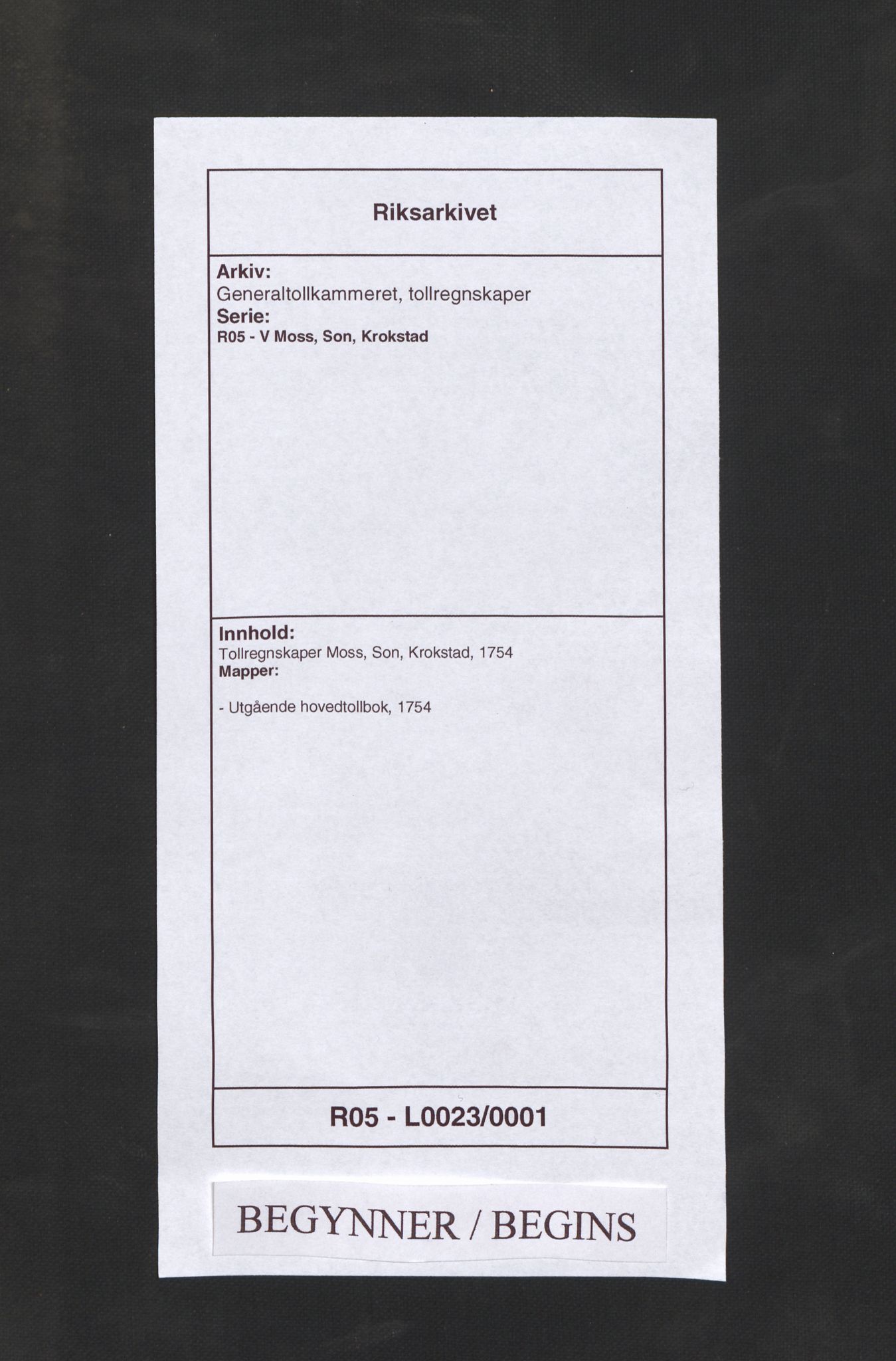 Generaltollkammeret, tollregnskaper, AV/RA-EA-5490/R05/L0023/0001: Tollregnskaper Moss, Son, Krokstad / Utgående hovedtollbok, 1754