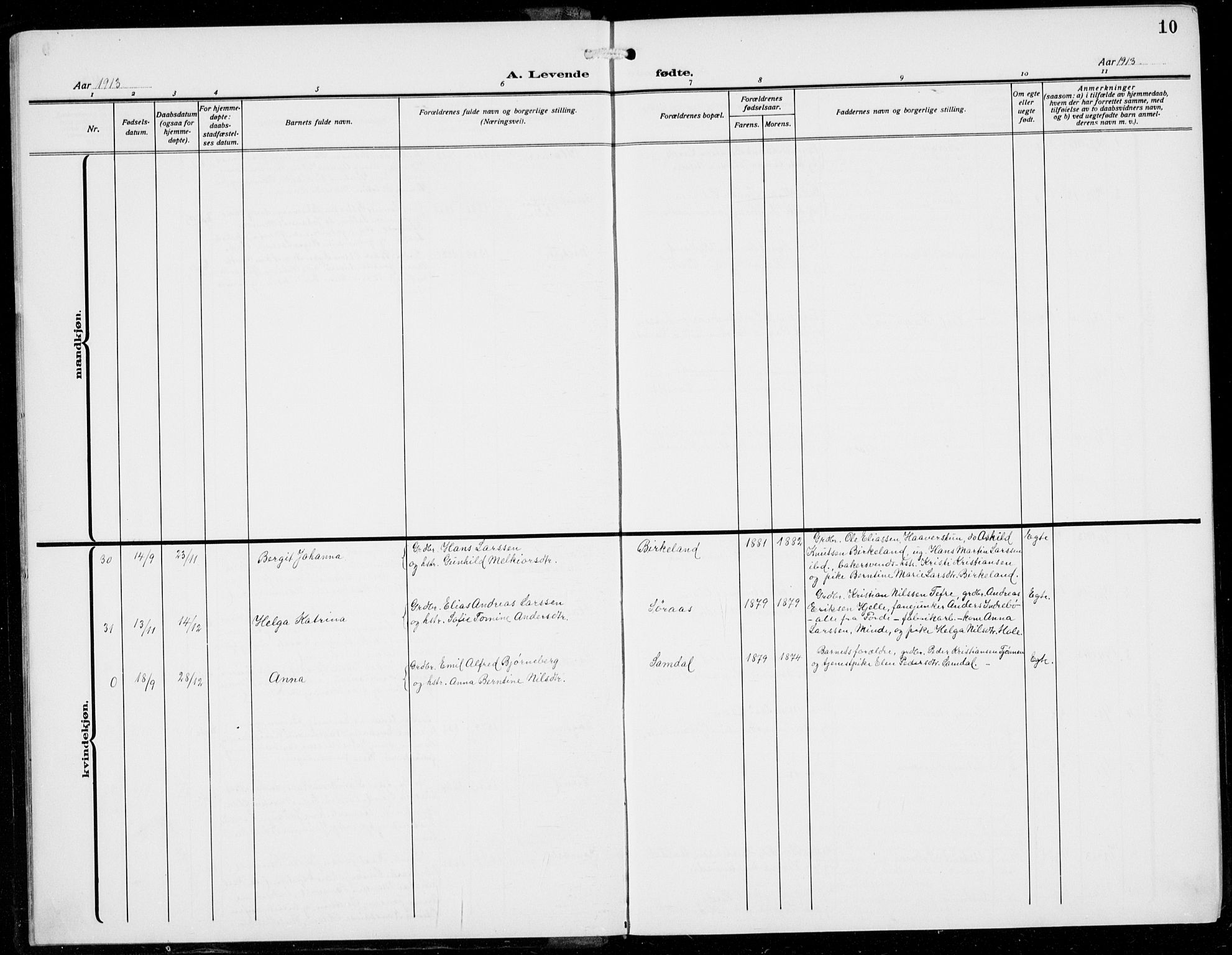 Fana Sokneprestembete, AV/SAB-A-75101/H/Hab/Haba/L0005: Klokkerbok nr. A 5, 1911-1932, s. 10