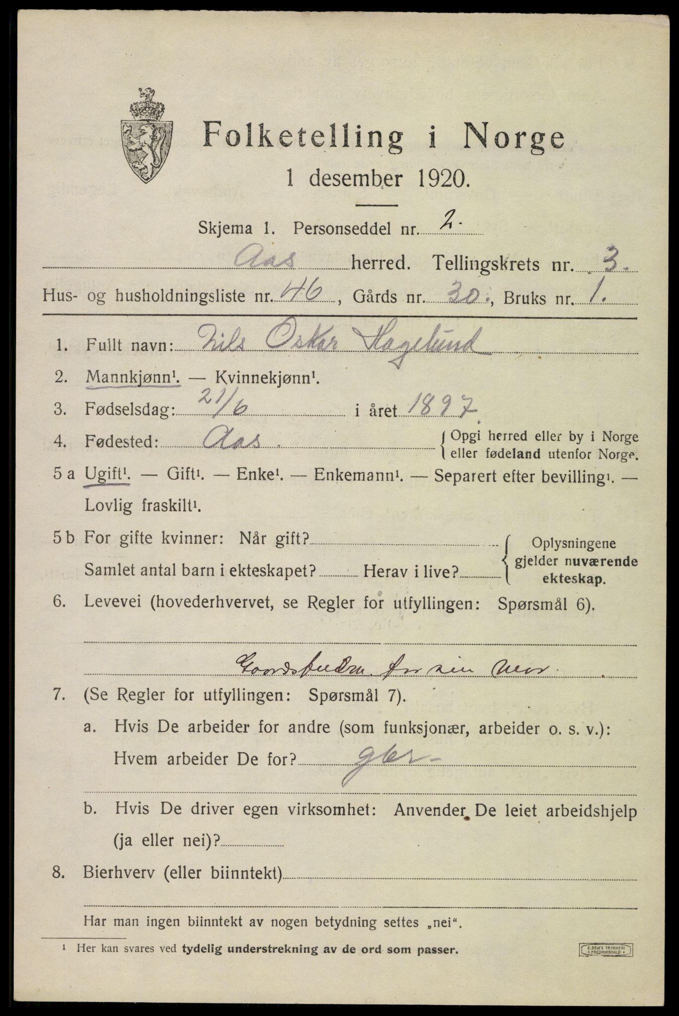 SAO, Folketelling 1920 for 0214 Ås herred, 1920, s. 4258