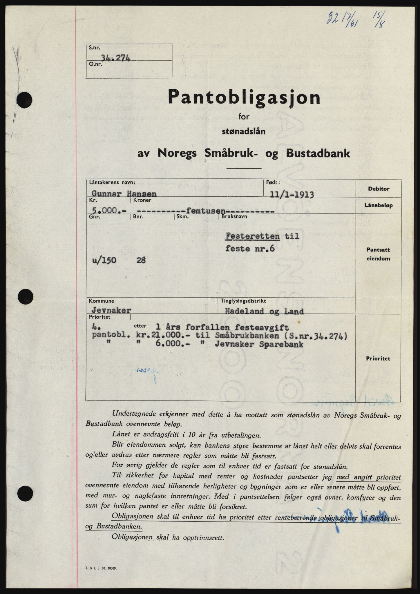 Hadeland og Land tingrett, SAH/TING-010/H/Hb/Hbc/L0046: Pantebok nr. B46, 1961-1961, Dagboknr: 3217/1961