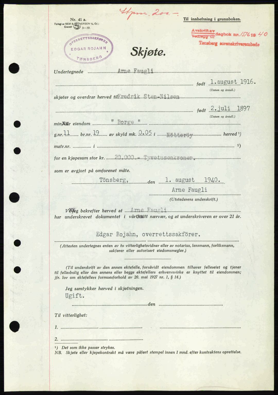 Tønsberg sorenskriveri, AV/SAKO-A-130/G/Ga/Gaa/L0009: Pantebok nr. A9, 1940-1941, Dagboknr: 1516/1940