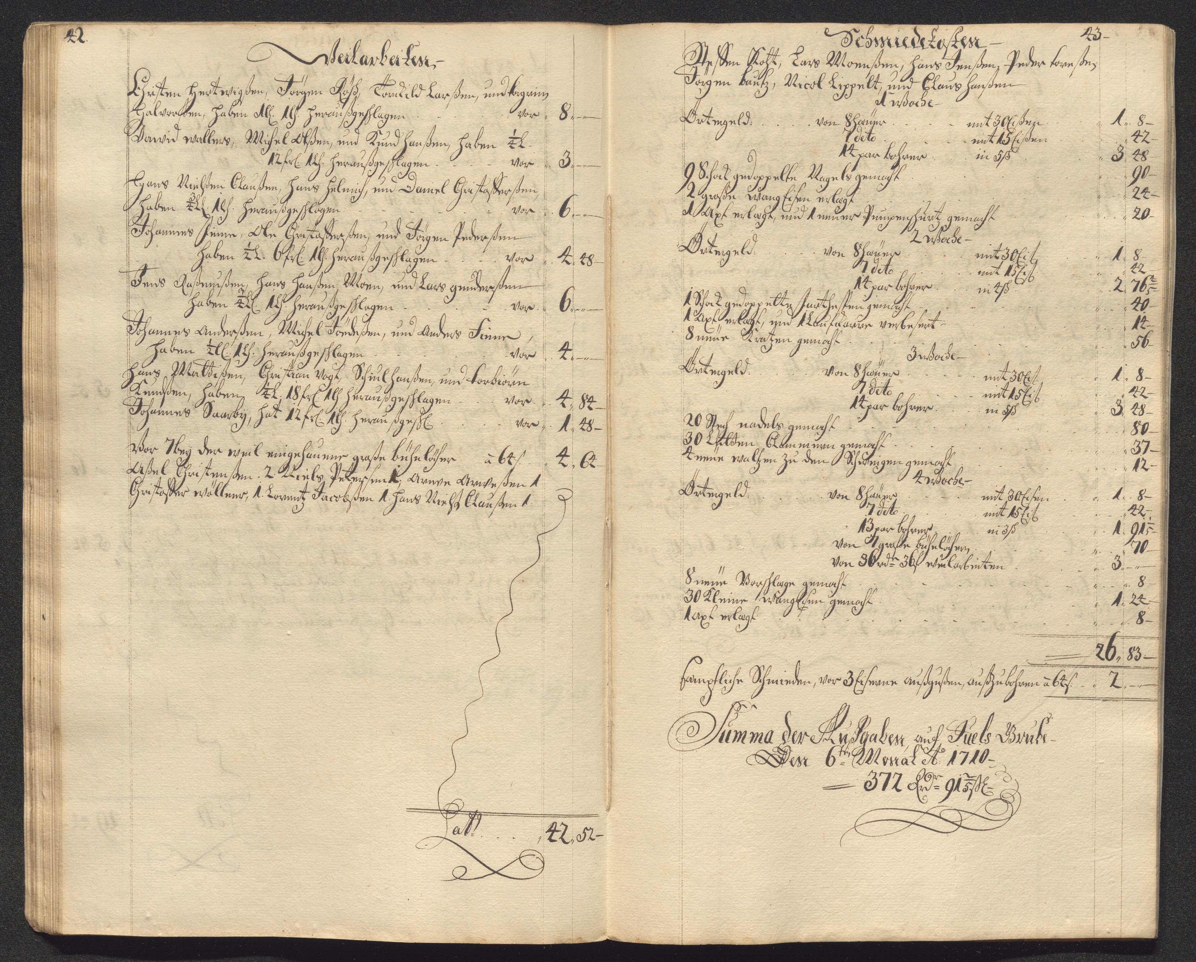 Kongsberg Sølvverk 1623-1816, AV/SAKO-EA-3135/001/D/Dc/Dcd/L0099: Utgiftsregnskap for gruver m.m., 1710, s. 259
