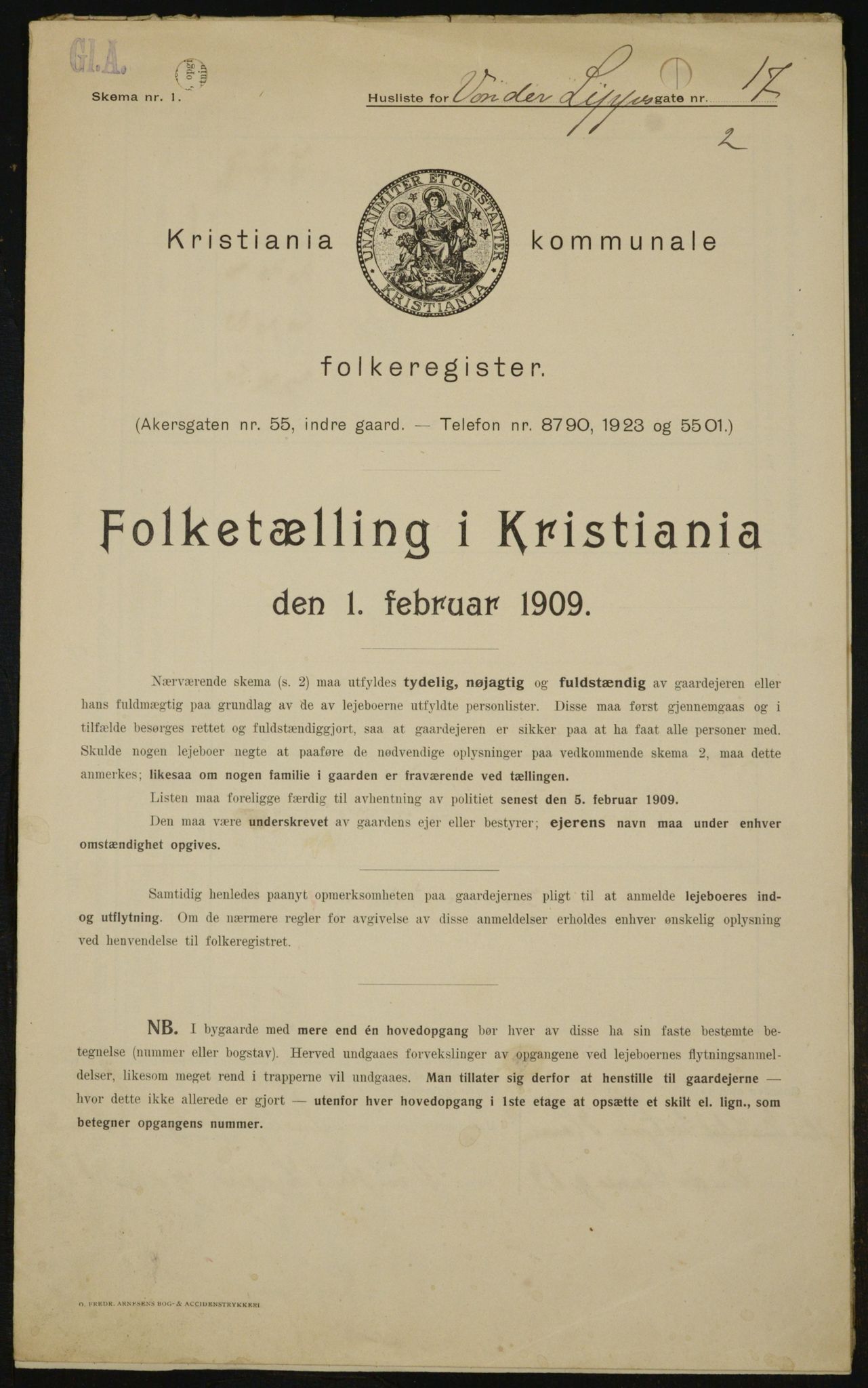 OBA, Kommunal folketelling 1.2.1909 for Kristiania kjøpstad, 1909, s. 113780