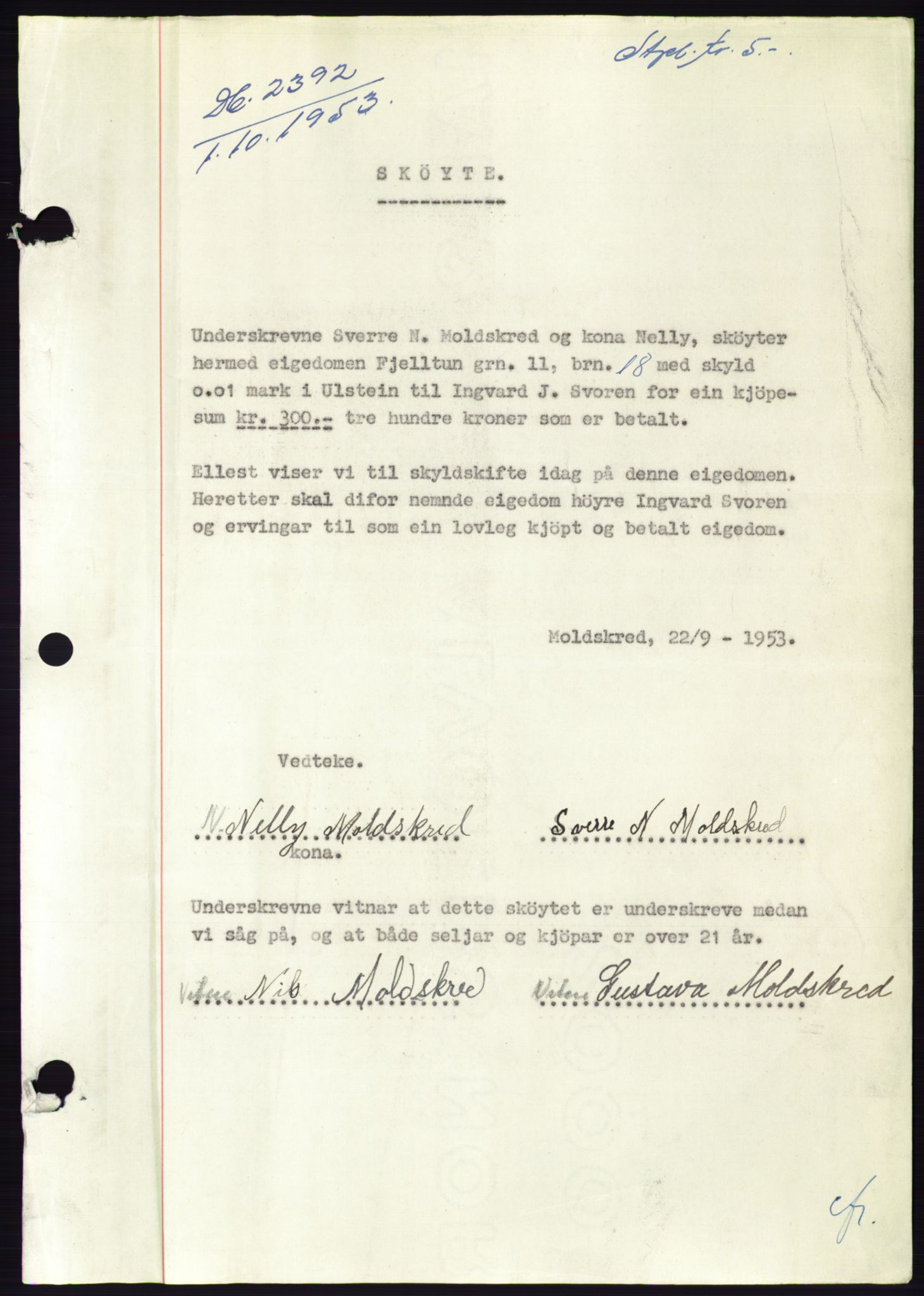 Søre Sunnmøre sorenskriveri, AV/SAT-A-4122/1/2/2C/L0096: Pantebok nr. 22A, 1953-1954, Dagboknr: 2392/1953