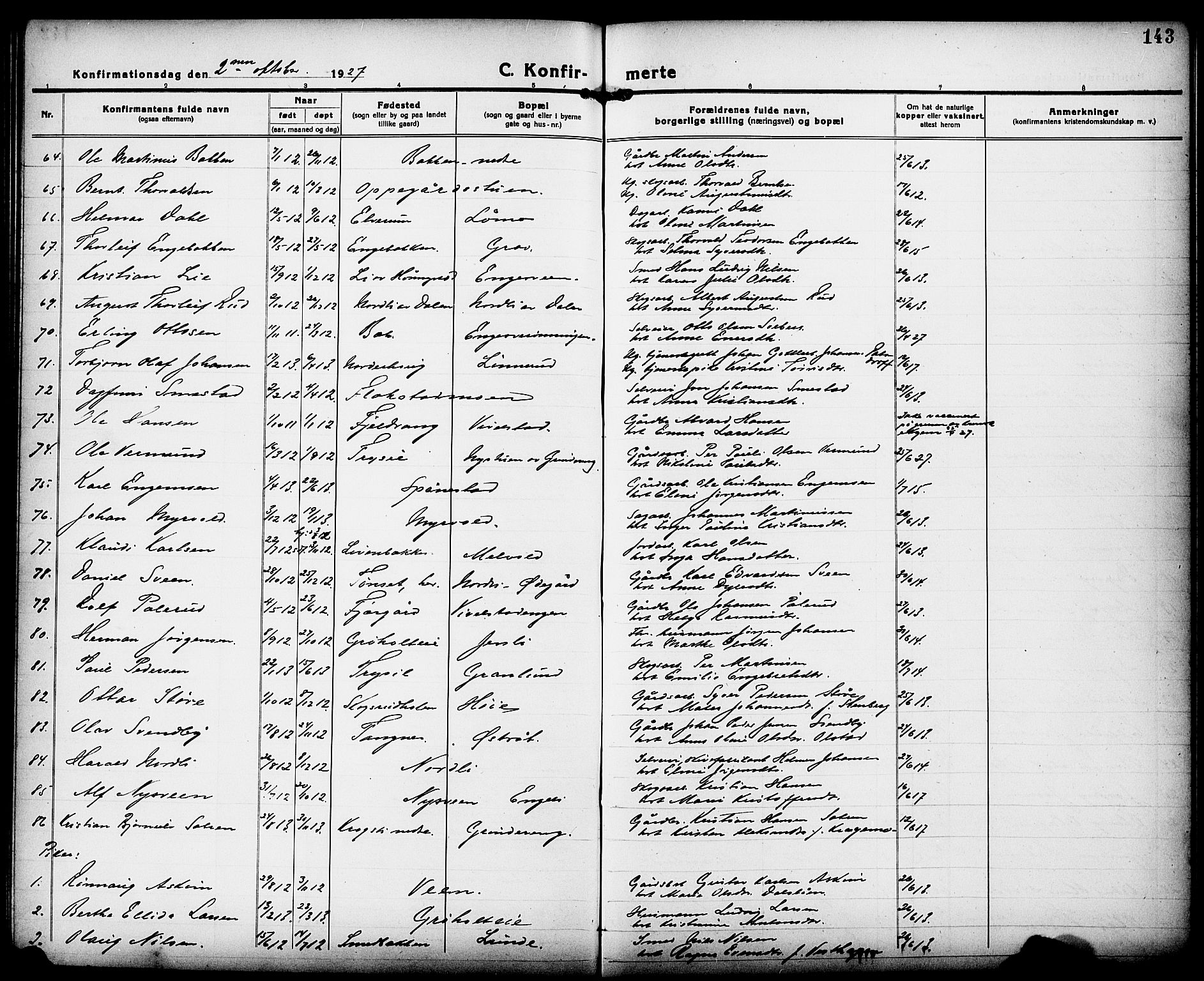 Løten prestekontor, AV/SAH-PREST-022/L/La/L0008: Klokkerbok nr. 8, 1920-1929, s. 143