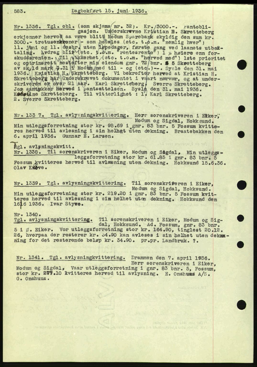 Eiker, Modum og Sigdal sorenskriveri, SAKO/A-123/G/Ga/Gab/L0032: Pantebok nr. A2, 1936-1936, Dagboknr: 1336/1936