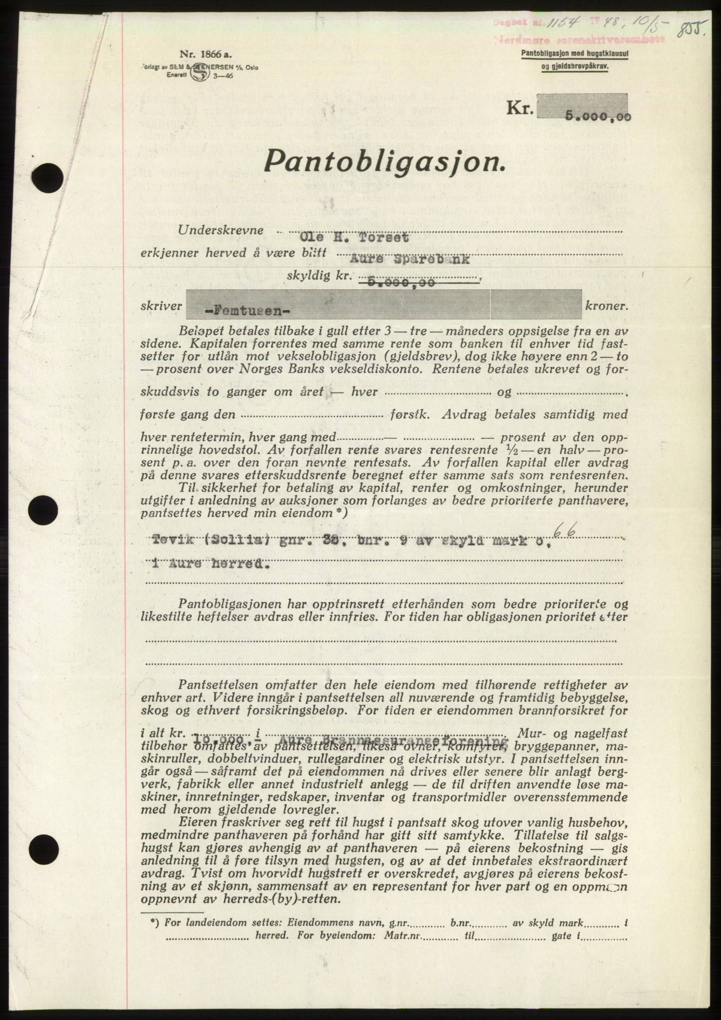 Nordmøre sorenskriveri, SAT/A-4132/1/2/2Ca: Pantebok nr. B98, 1948-1948, Dagboknr: 1154/1948