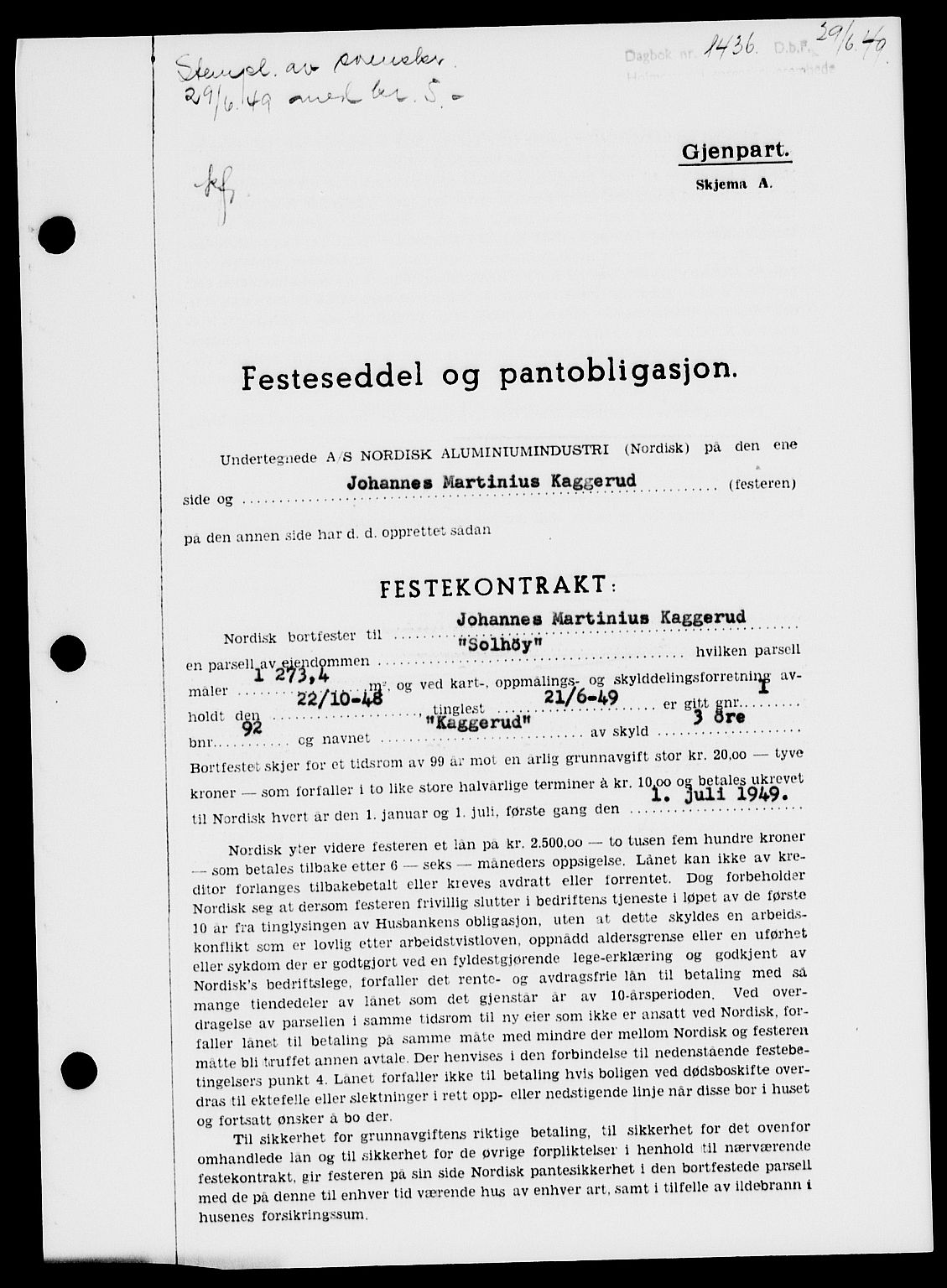 Holmestrand sorenskriveri, SAKO/A-67/G/Ga/Gaa/L0067: Pantebok nr. A-67, 1949-1949, Dagboknr: 1436/1949