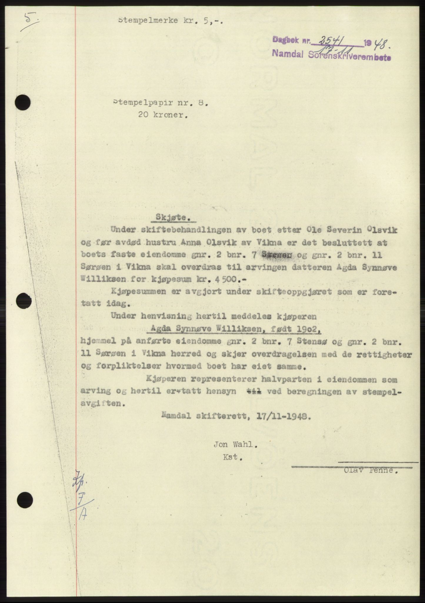 Namdal sorenskriveri, SAT/A-4133/1/2/2C: Pantebok nr. -, 1948-1948, Dagboknr: 2541/1948