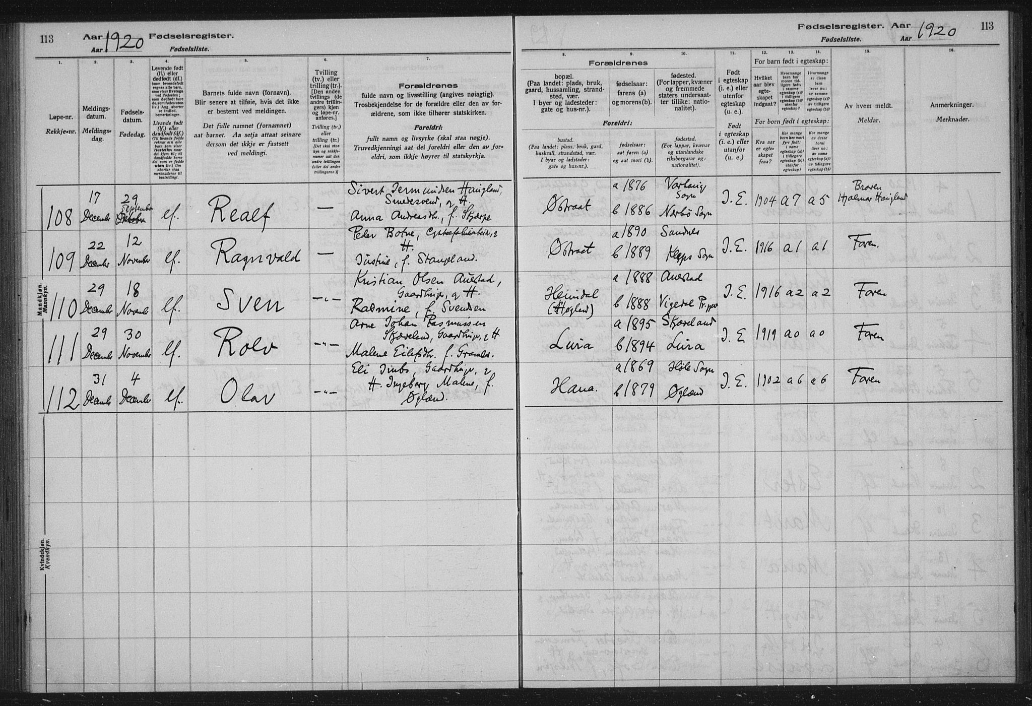 Høyland sokneprestkontor, AV/SAST-A-101799/002/O/L0001: Fødselsregister nr. 1, 1916-1924, s. 113