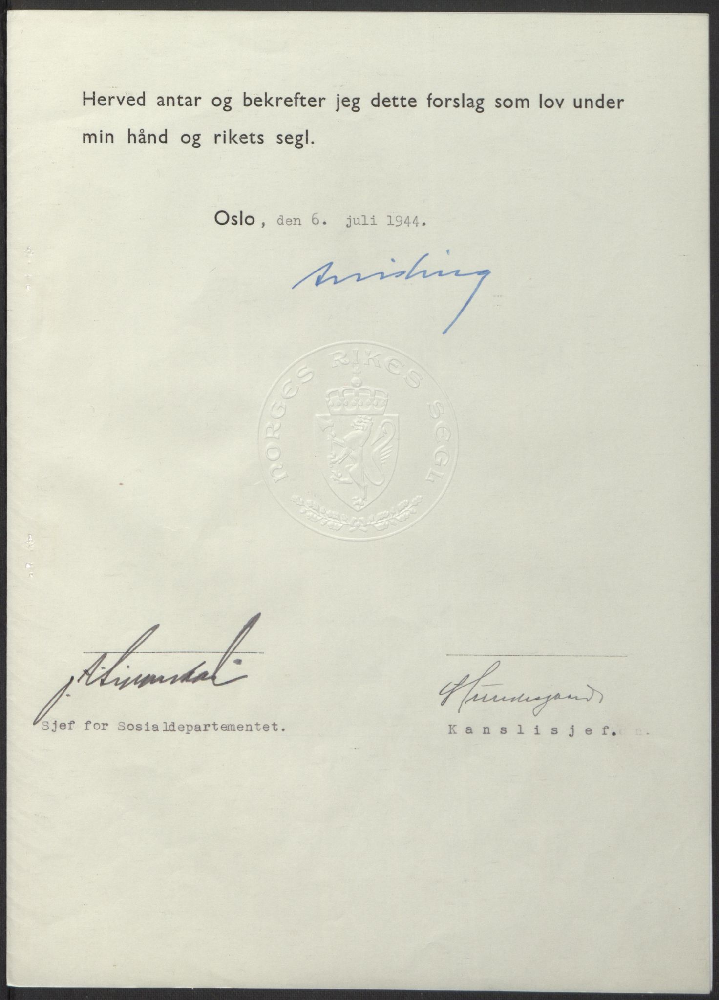 NS-administrasjonen 1940-1945 (Statsrådsekretariatet, de kommisariske statsråder mm), RA/S-4279/D/Db/L0100: Lover, 1944, s. 345
