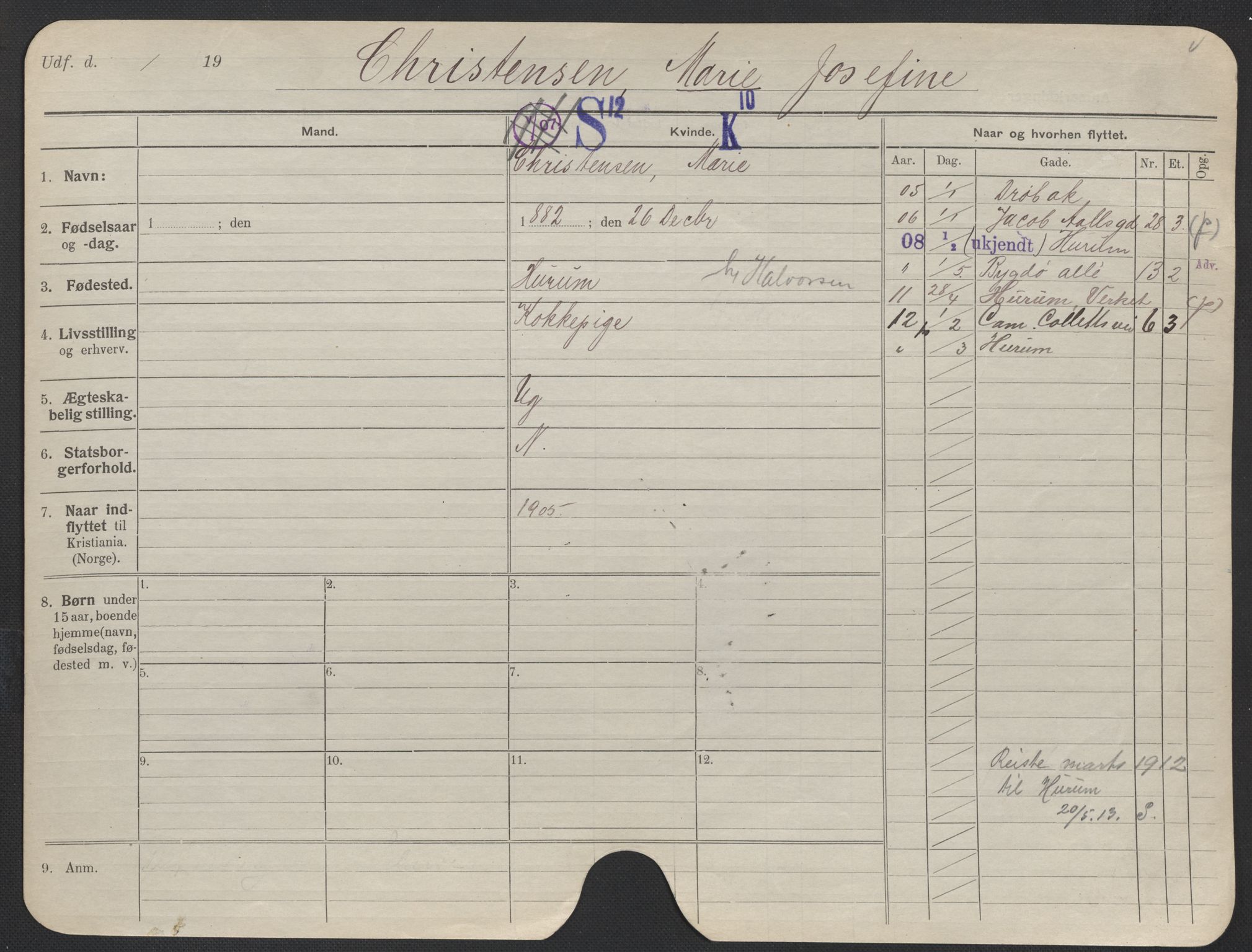 Oslo folkeregister, Registerkort, AV/SAO-A-11715/F/Fa/Fac/L0019: Kvinner, 1906-1914, s. 179a