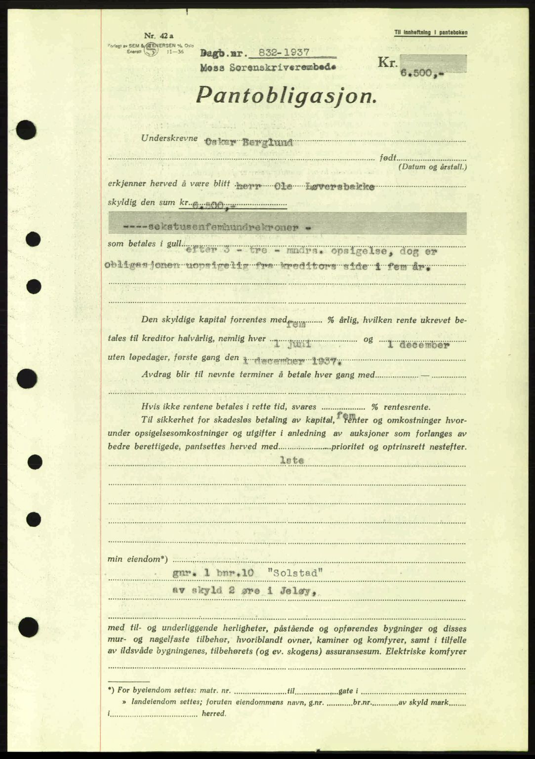 Moss sorenskriveri, SAO/A-10168: Pantebok nr. B3, 1937-1937, Dagboknr: 832/1937