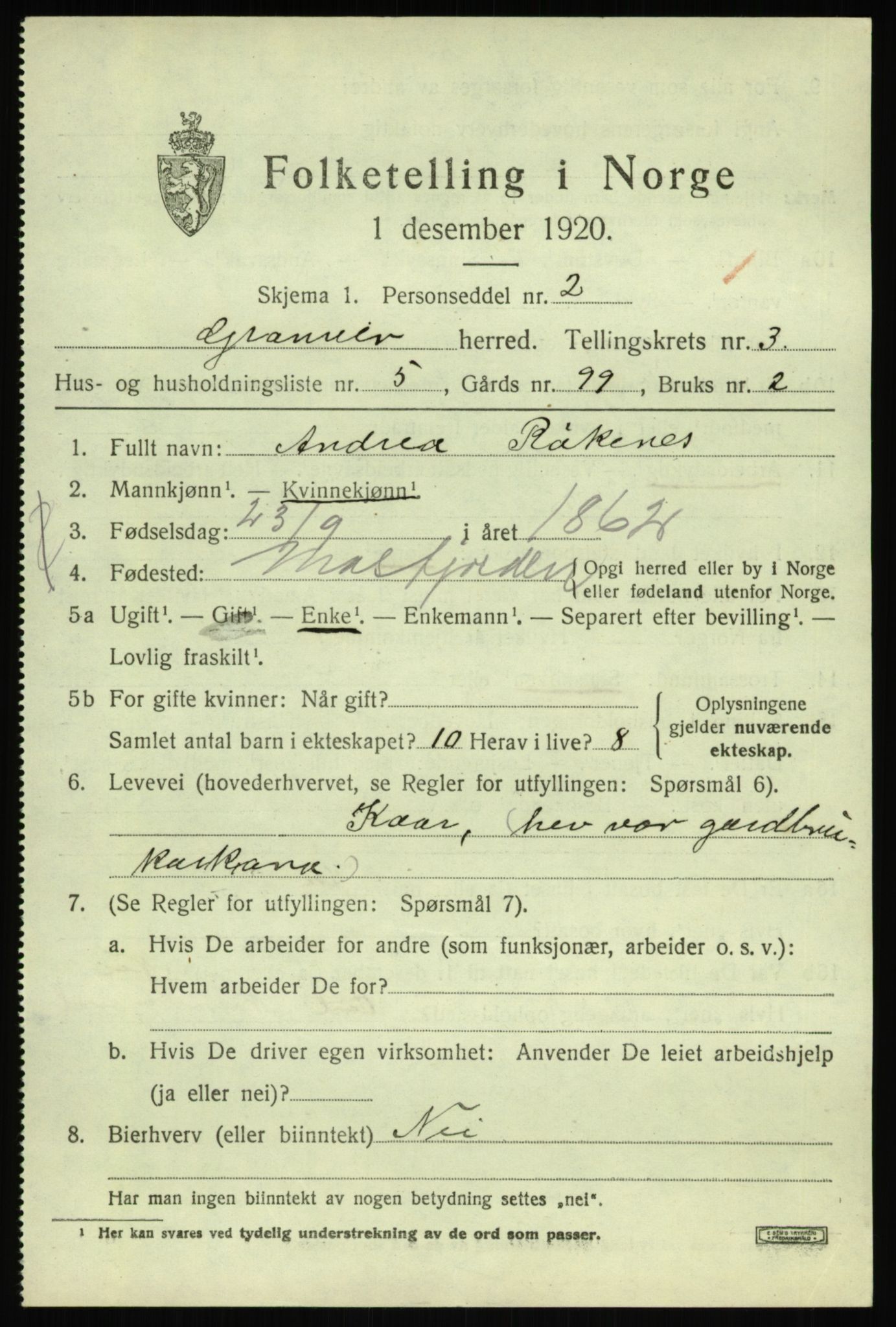 SAB, Folketelling 1920 for 1234 Granvin herred, 1920, s. 1220