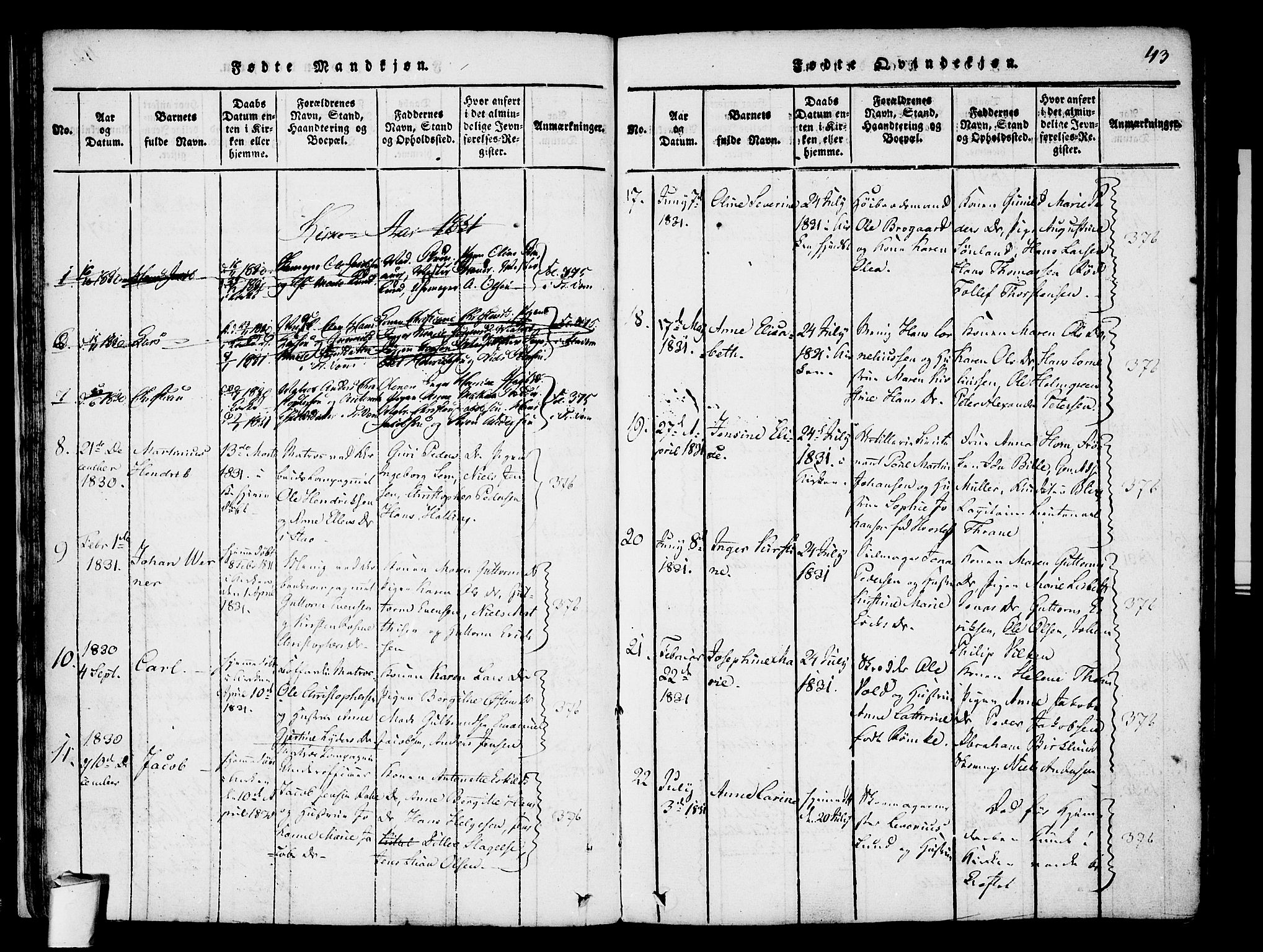 Stavern kirkebøker, AV/SAKO-A-318/F/Fa/L0006: Ministerialbok nr. 6, 1816-1839, s. 43