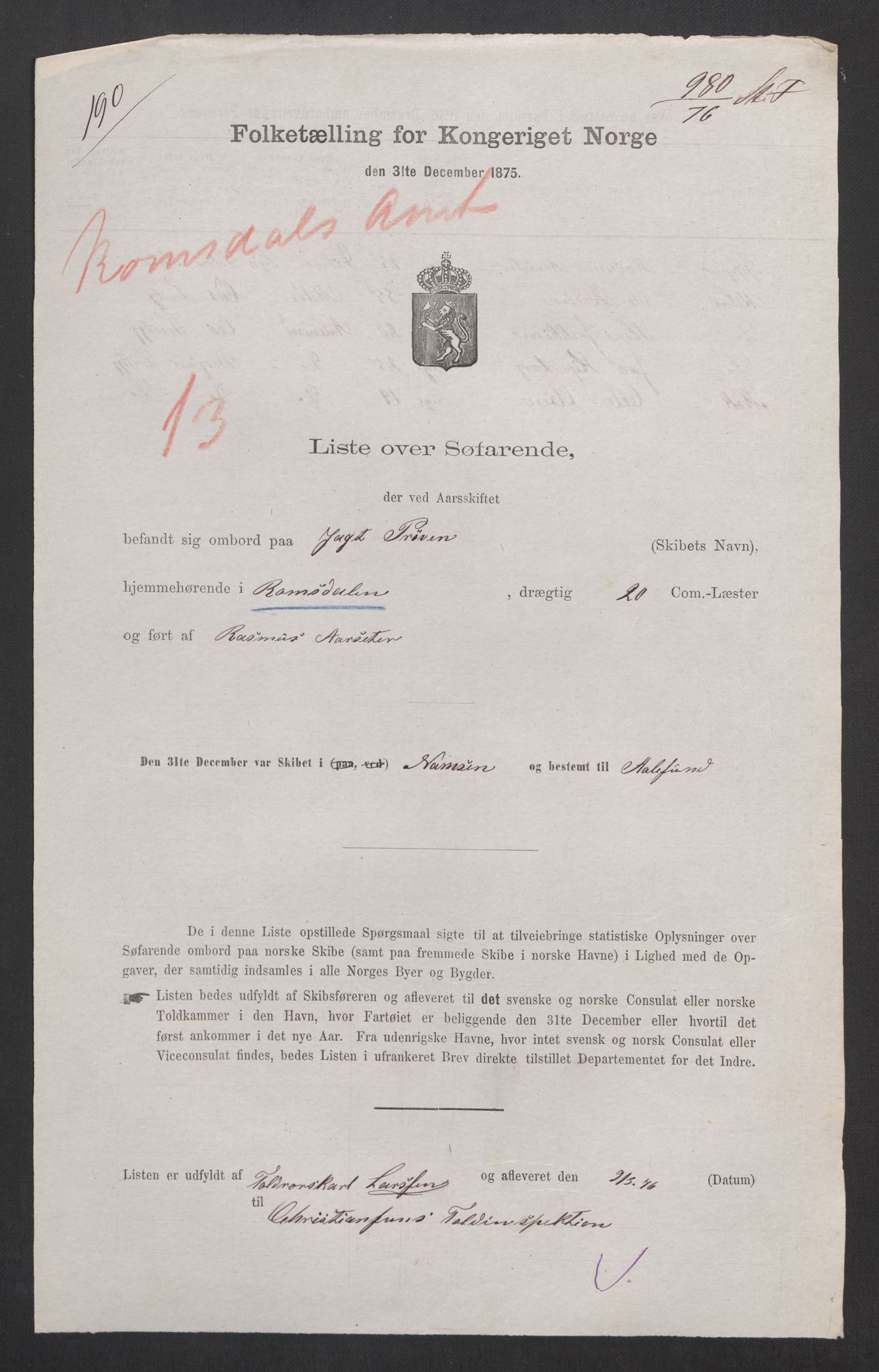 RA, Folketelling 1875, skipslister: Skip i innenrikske havner, hjemmehørende i 1) landdistrikter, 2) forskjellige steder, 3) utlandet, 1875, s. 314