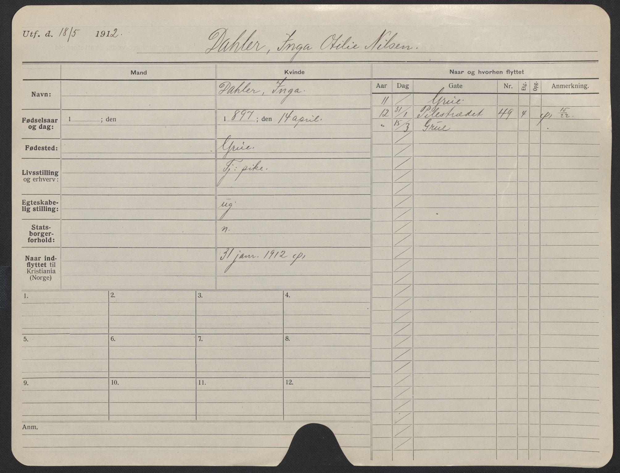 Oslo folkeregister, Registerkort, SAO/A-11715/F/Fa/Fac/L0013: Kvinner, 1906-1914, s. 1170a