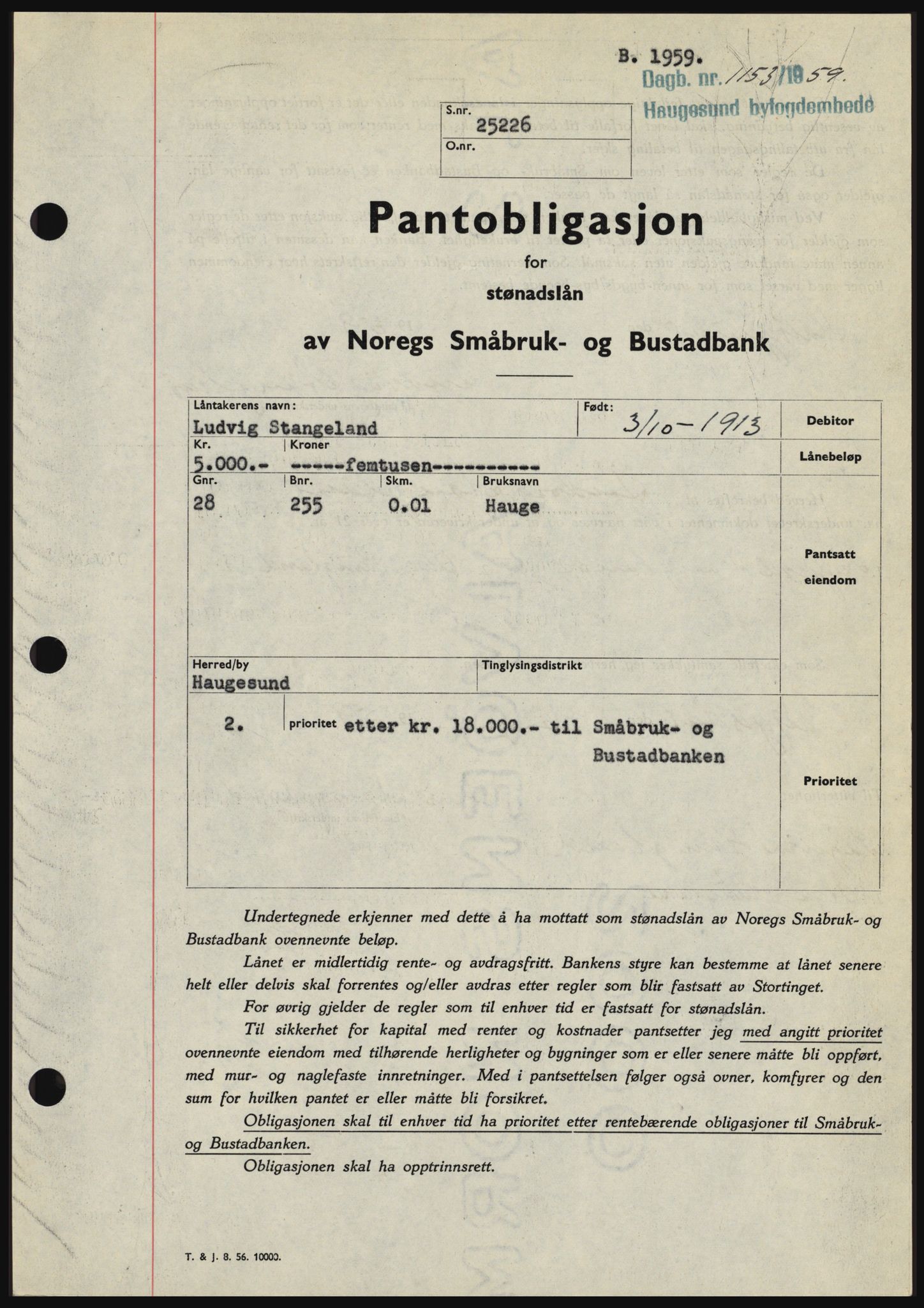 Haugesund tingrett, SAST/A-101415/01/II/IIC/L0045: Pantebok nr. B 45, 1959-1959, Dagboknr: 1153/1959