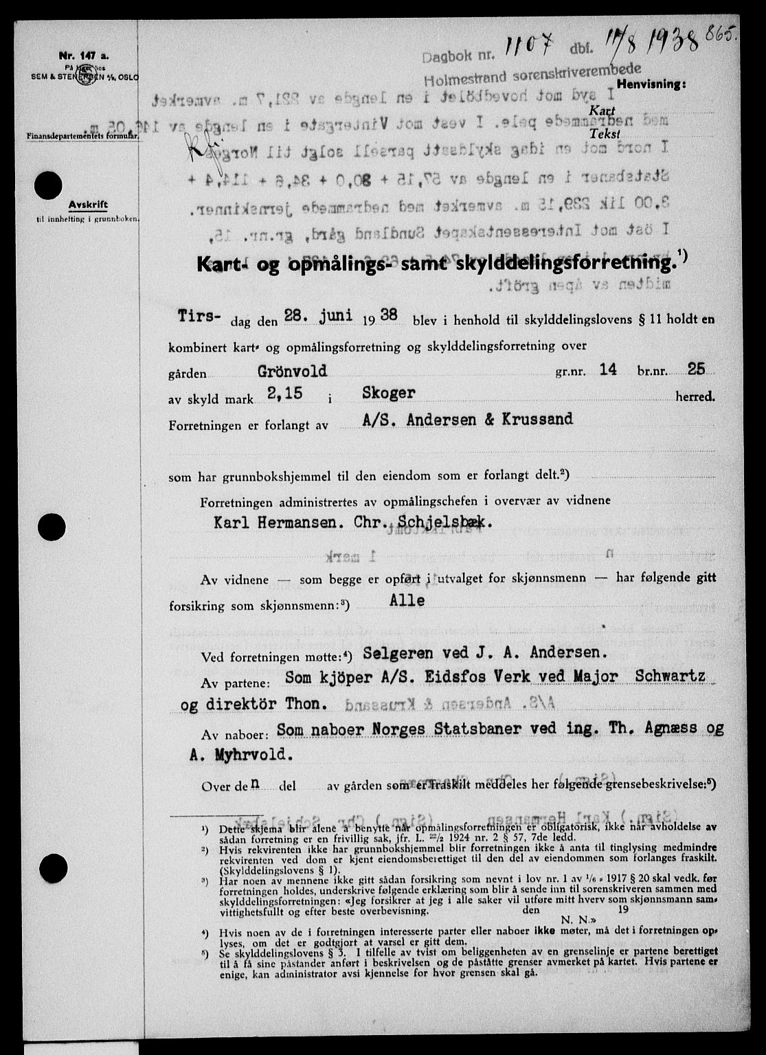 Holmestrand sorenskriveri, SAKO/A-67/G/Ga/Gaa/L0049: Pantebok nr. A-49, 1937-1938, Dagboknr: 1107/1938