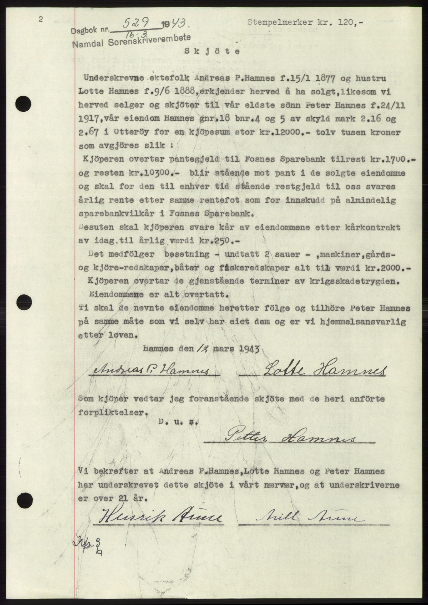 Namdal sorenskriveri, SAT/A-4133/1/2/2C: Pantebok nr. -, 1942-1943, Dagboknr: 529/1943
