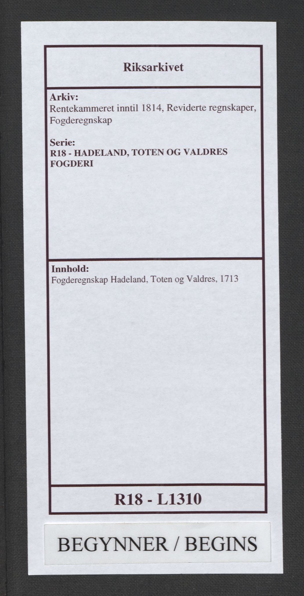 Rentekammeret inntil 1814, Reviderte regnskaper, Fogderegnskap, AV/RA-EA-4092/R18/L1310: Fogderegnskap Hadeland, Toten og Valdres, 1713, s. 1