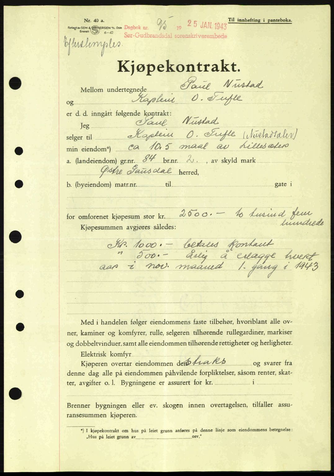 Sør-Gudbrandsdal tingrett, SAH/TING-004/H/Hb/Hbd/L0011: Pantebok nr. A11, 1942-1943, Dagboknr: 95/1943