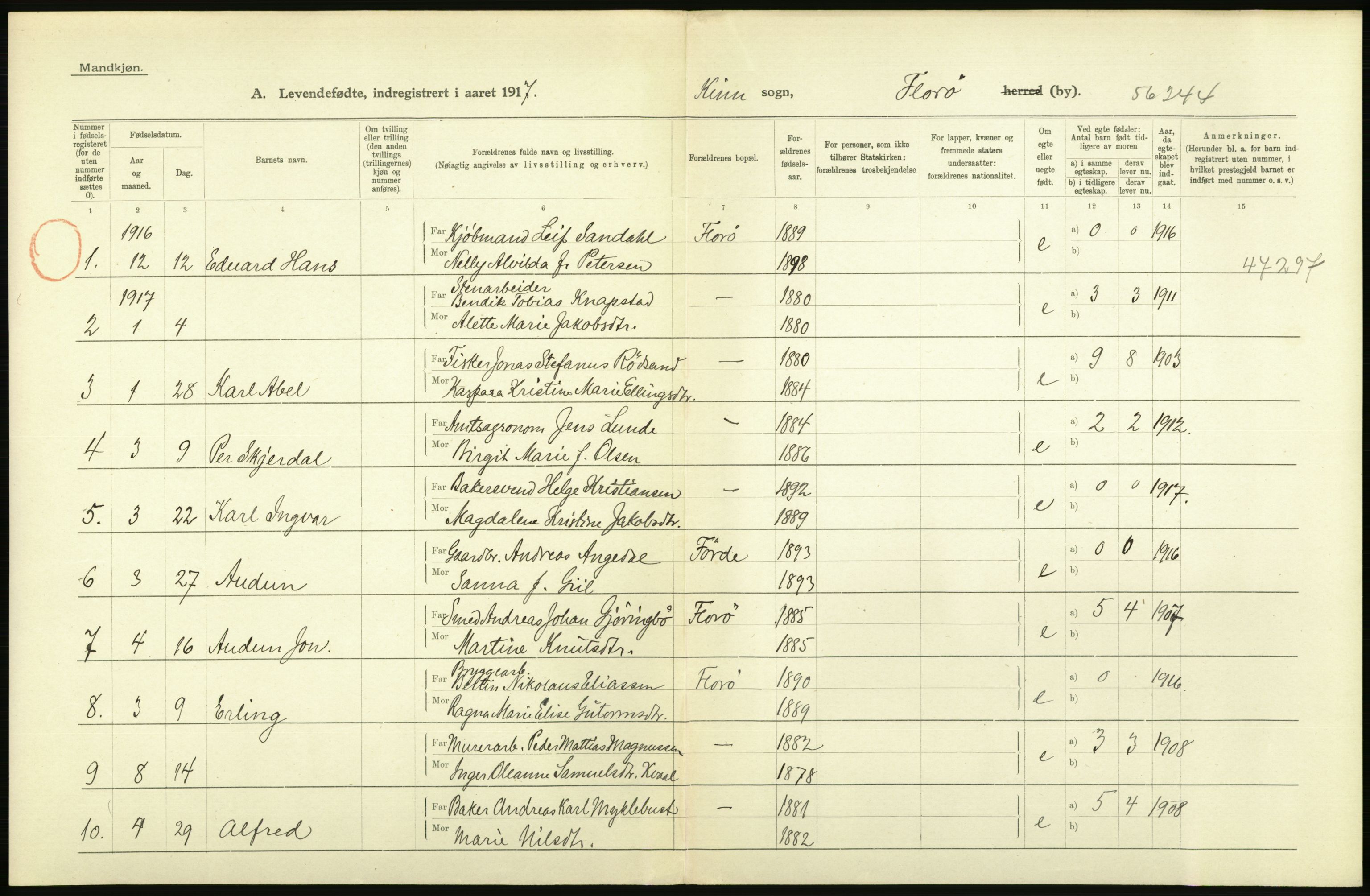 Statistisk sentralbyrå, Sosiodemografiske emner, Befolkning, RA/S-2228/D/Df/Dfb/Dfbg/L0041: Florø by: Levendefødte menn og kvinner, gifte, døde, dødfødte., 1917, s. 2