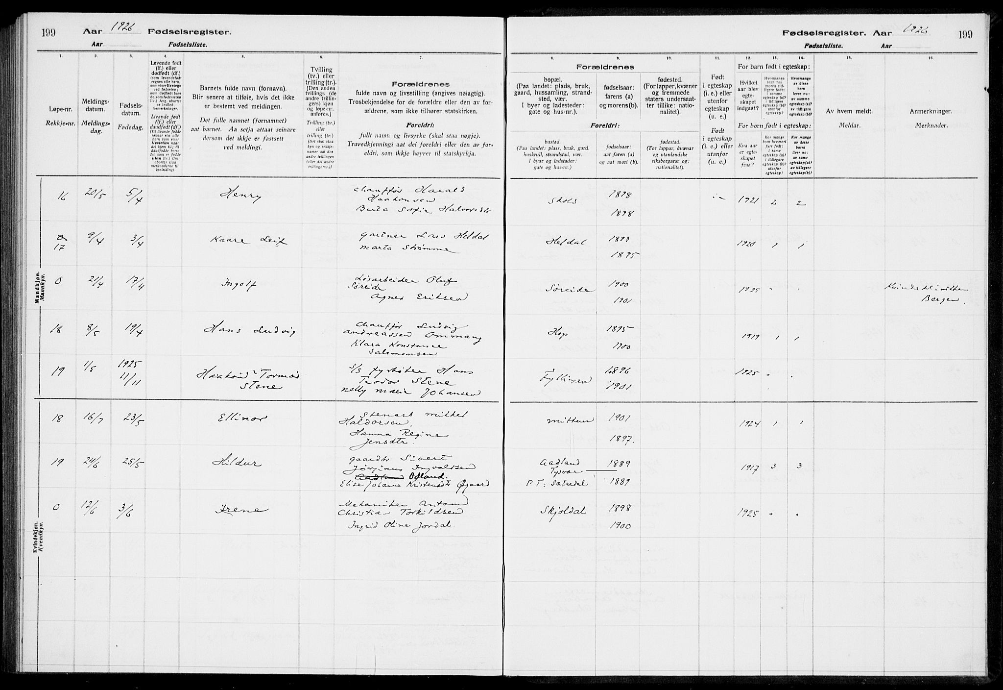 Birkeland Sokneprestembete, AV/SAB-A-74601/I/Id/L00A1: Fødselsregister nr. A 1, 1916-1926, s. 199
