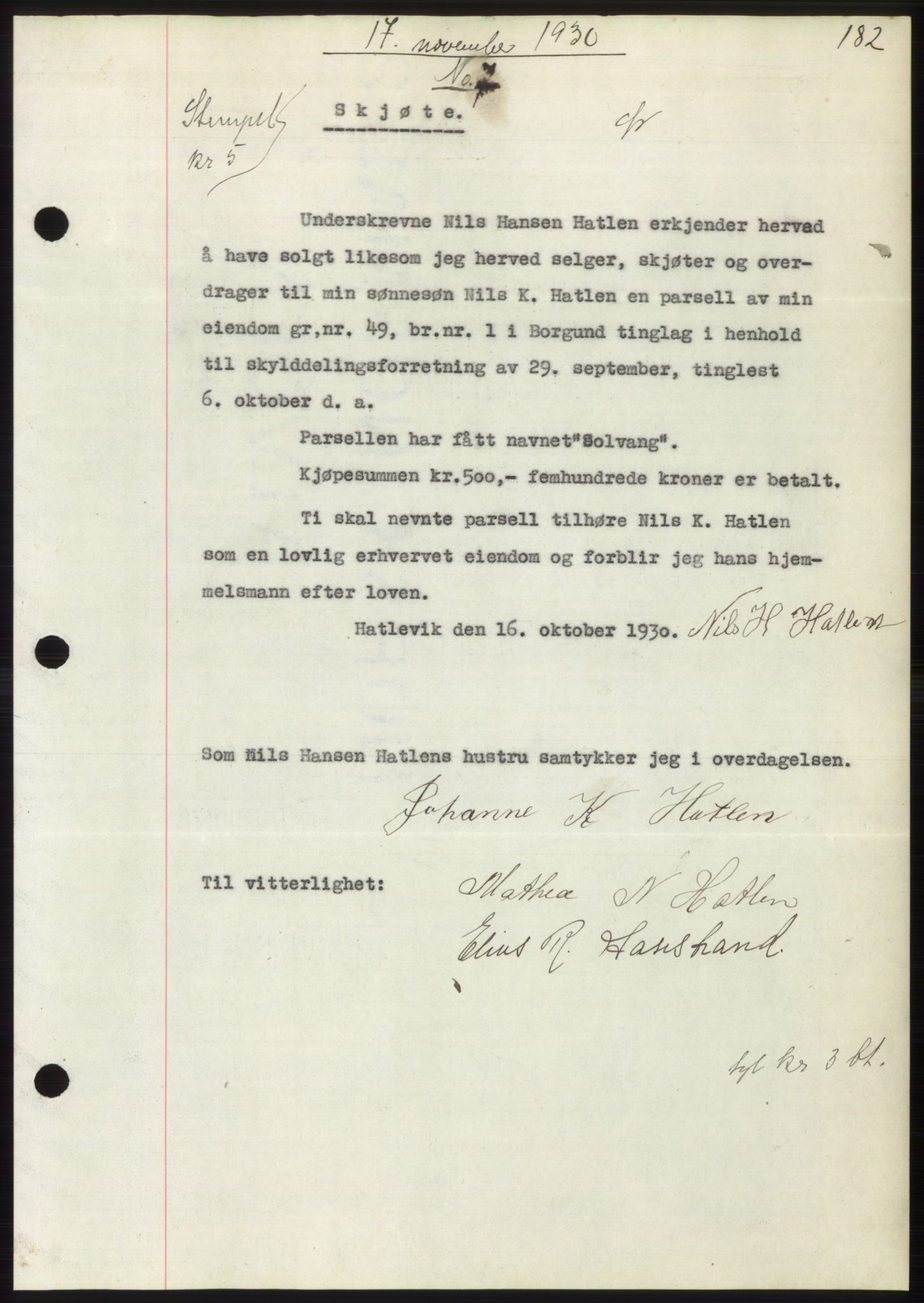Nordre Sunnmøre sorenskriveri, SAT/A-0006/1/2/2C/2Ca/L0047: Pantebok nr. 47, 1930-1931, Tingl.dato: 17.11.1930