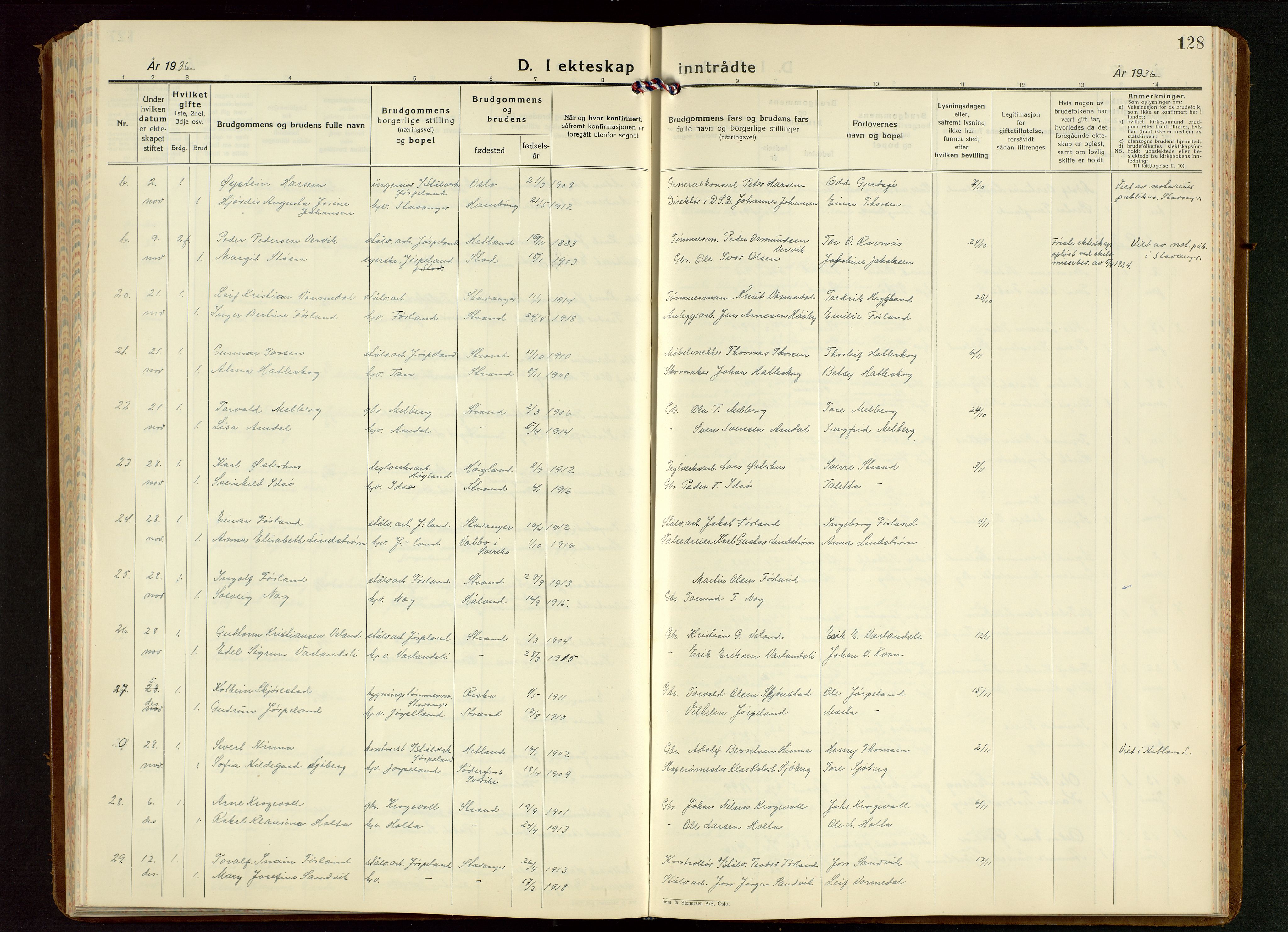 Strand sokneprestkontor, AV/SAST-A-101828/H/Ha/Hab/L0006: Klokkerbok nr. B 6, 1933-1950, s. 128