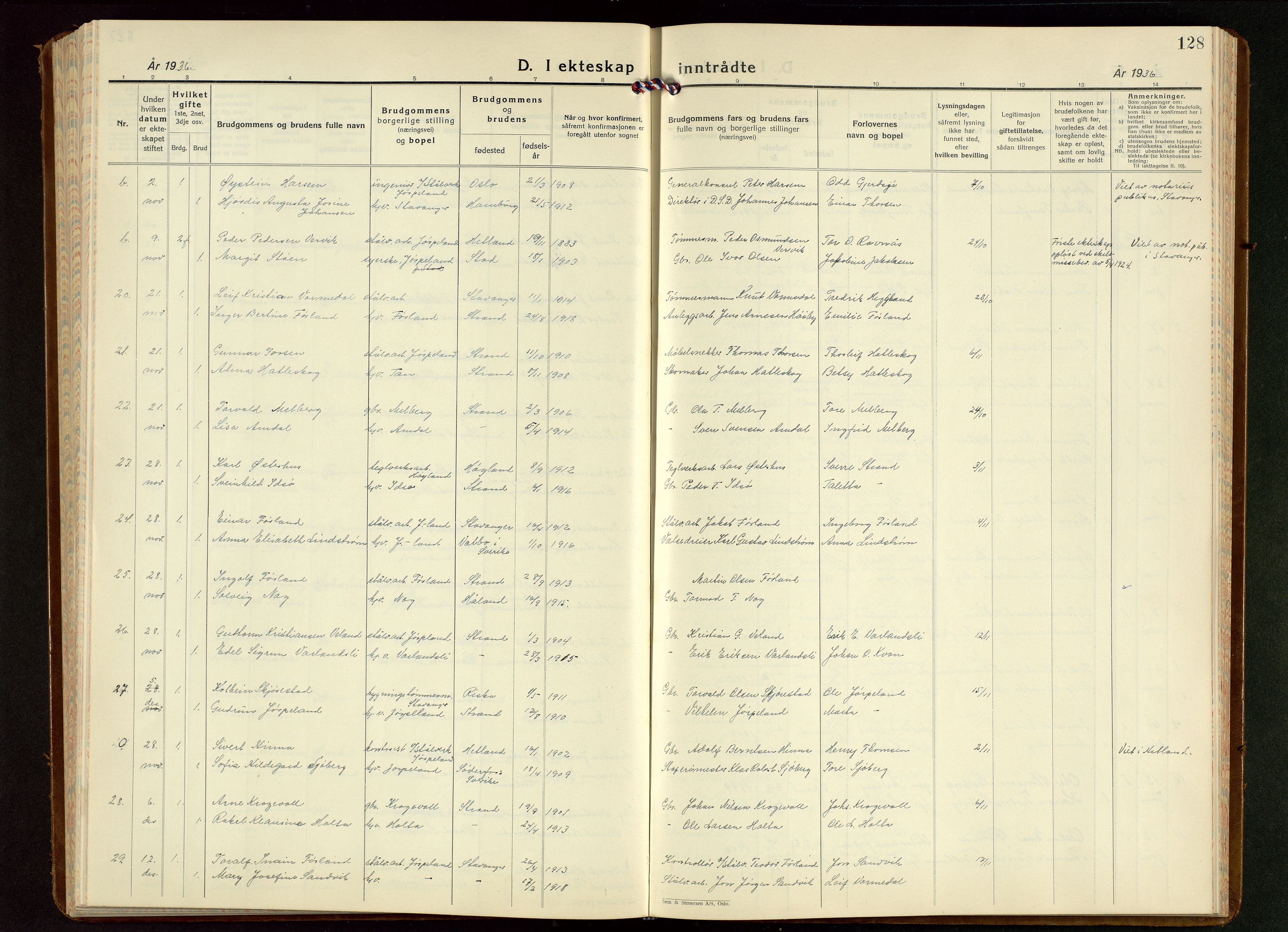 Strand sokneprestkontor, SAST/A-101828/H/Ha/Hab/L0006: Klokkerbok nr. B 6, 1933-1950, s. 128