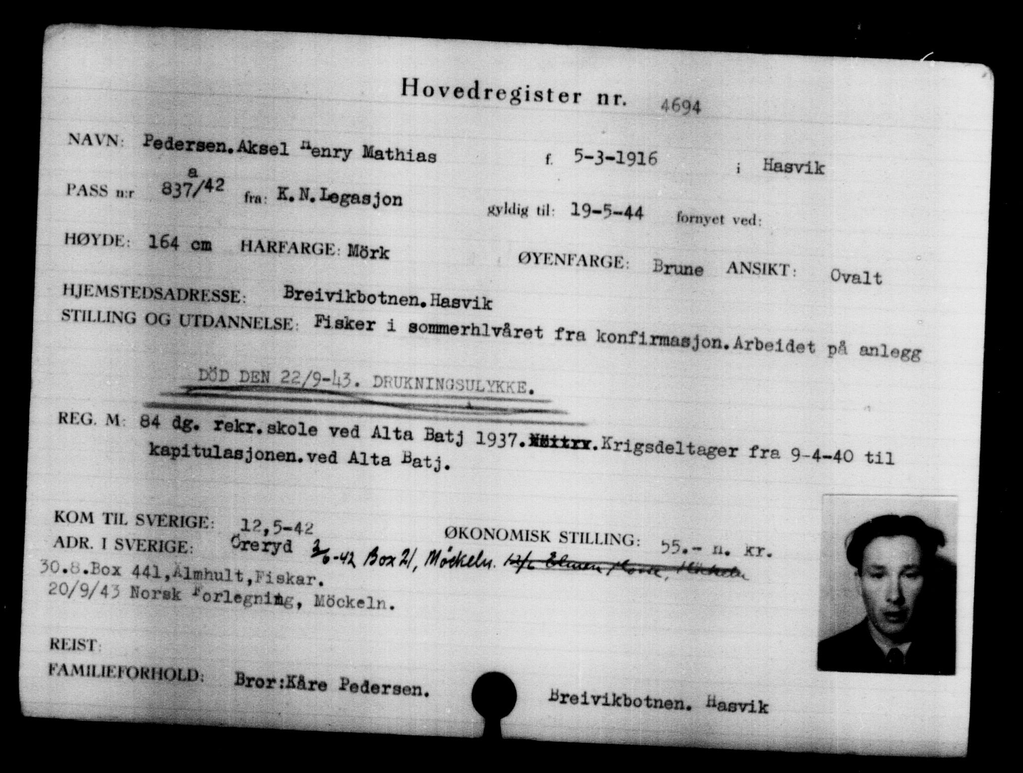 Utenriksstasjonene, Legasjonen i Stockholm, Flyktningkontoret, AV/RA-S-6753/V/Va/L0004: Kjesäterkartoteket, flyktninger med registreringsnr. 3496-6610, 1940-1945, s. 1416