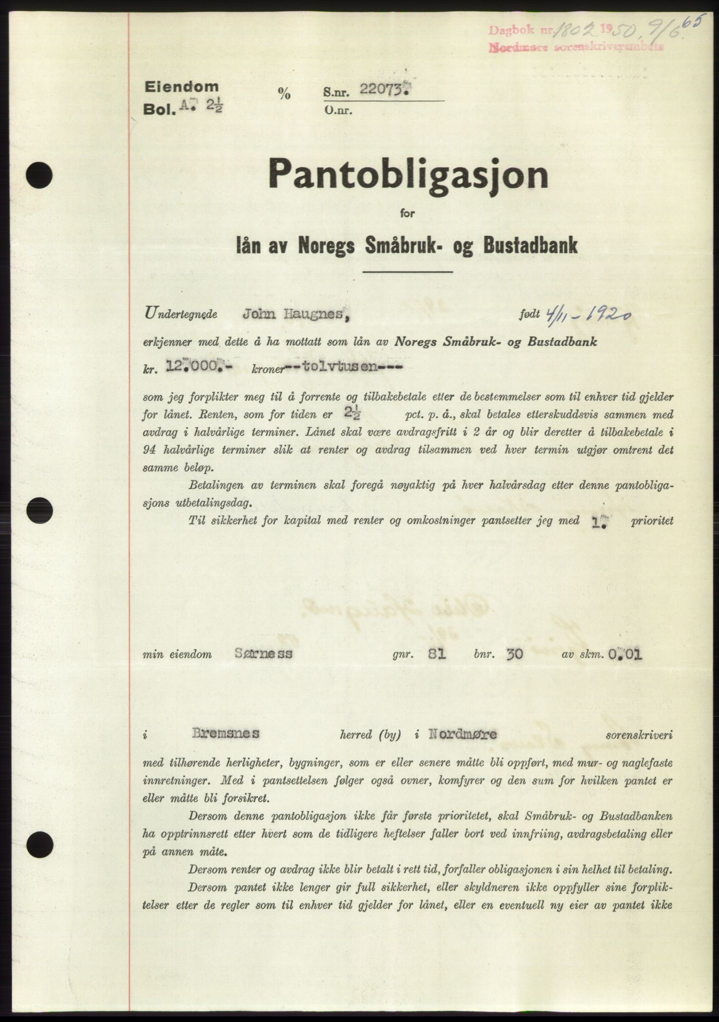 Nordmøre sorenskriveri, AV/SAT-A-4132/1/2/2Ca: Pantebok nr. B105, 1950-1950, Dagboknr: 1802/1950