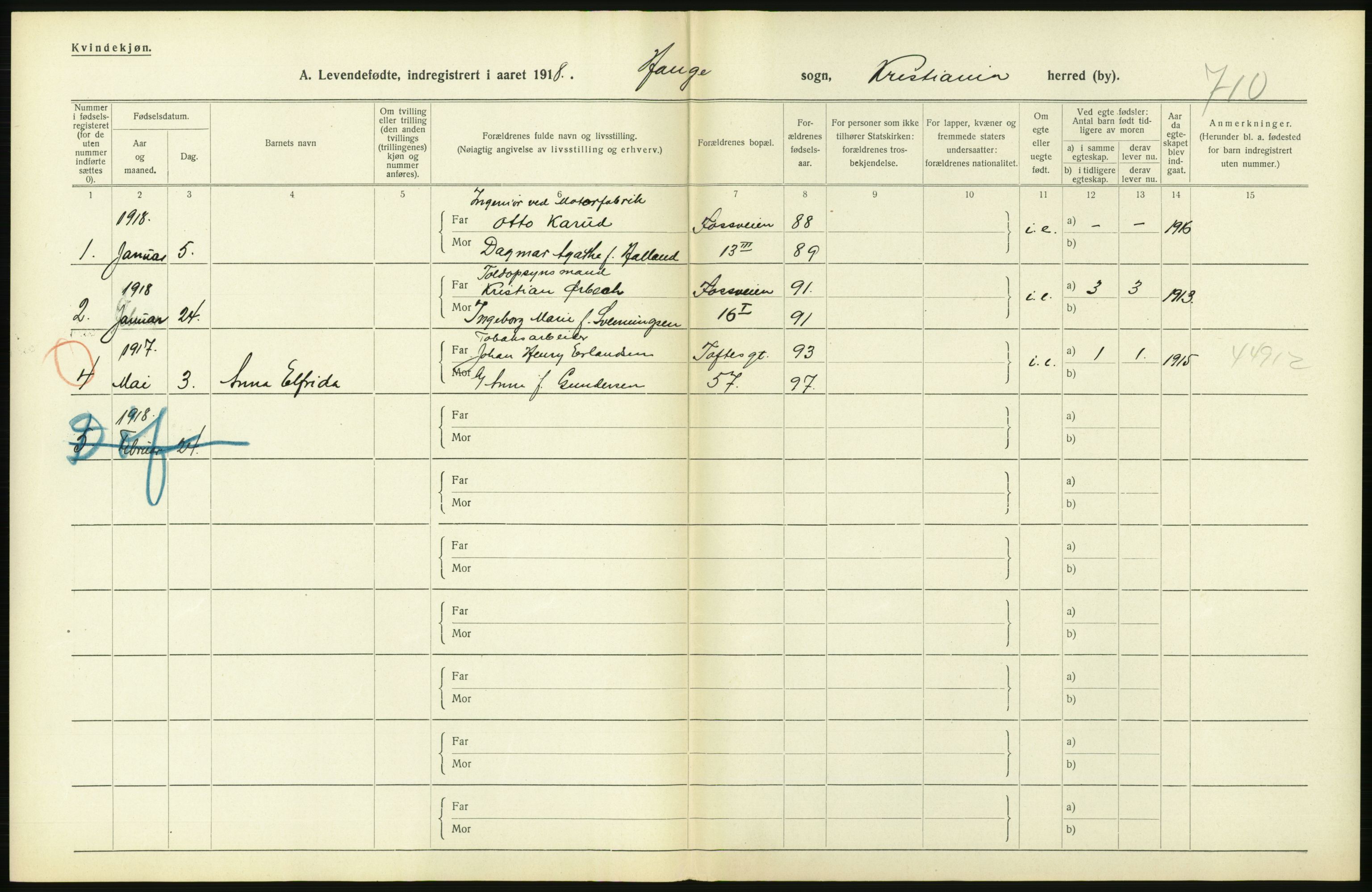 Statistisk sentralbyrå, Sosiodemografiske emner, Befolkning, RA/S-2228/D/Df/Dfb/Dfbh/L0007: Kristiania: Levendefødte menn og kvinner., 1918, s. 414