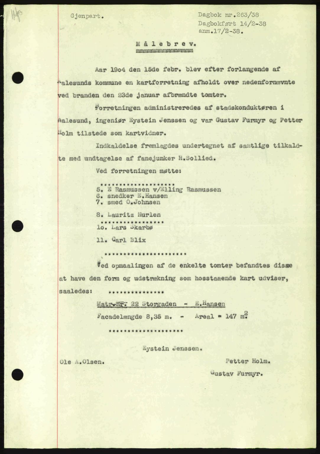 Ålesund byfogd, AV/SAT-A-4384: Pantebok nr. 34 I, 1936-1938, Dagboknr: 263/1938
