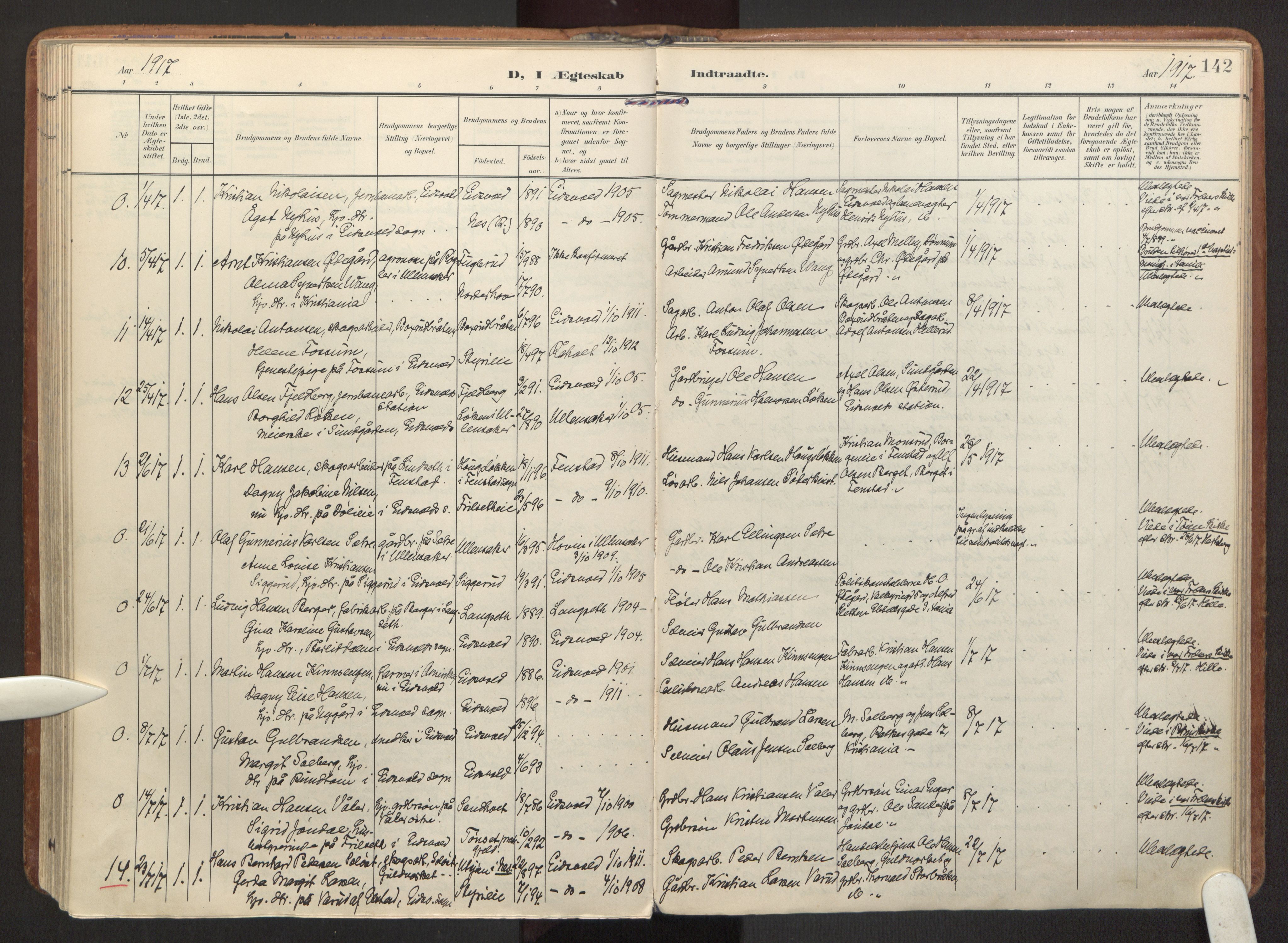 Eidsvoll prestekontor Kirkebøker, AV/SAO-A-10888/F/Fa/L0007: Ministerialbok nr. I 7, 1905-1920, s. 142
