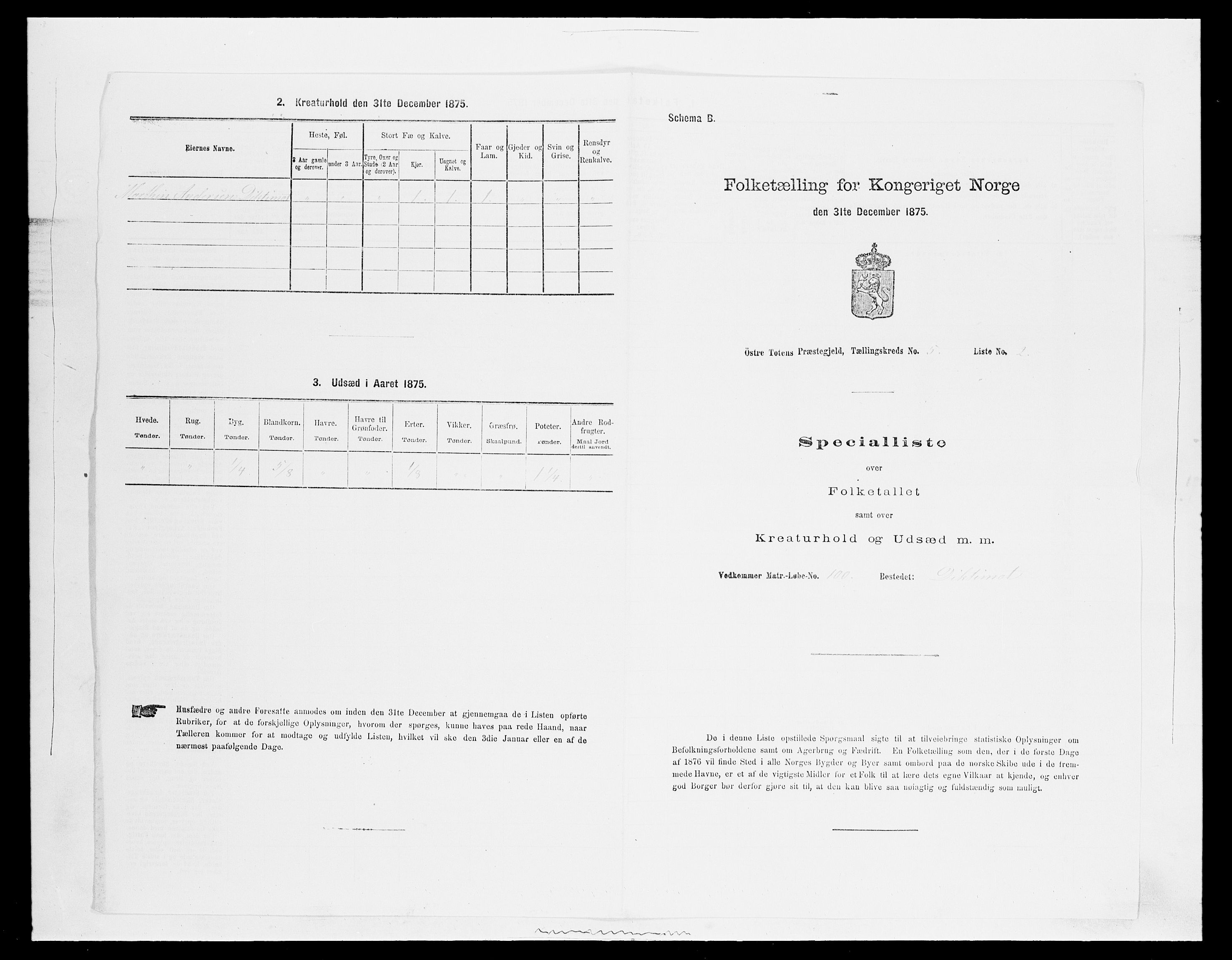 SAH, Folketelling 1875 for 0528P Østre Toten prestegjeld, 1875, s. 985