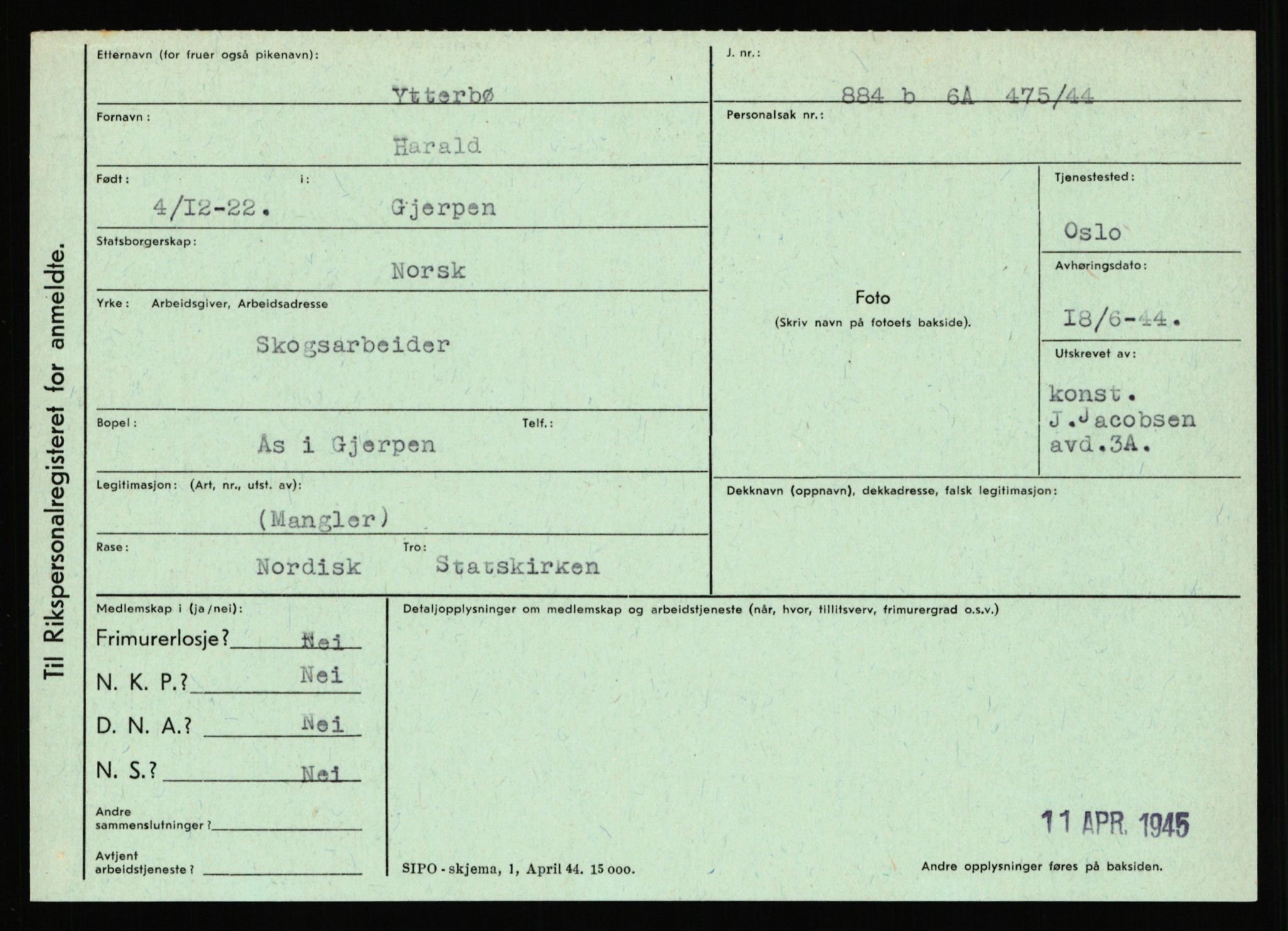 Statspolitiet - Hovedkontoret / Osloavdelingen, AV/RA-S-1329/C/Ca/L0016: Uberg - Øystese, 1943-1945, s. 3245