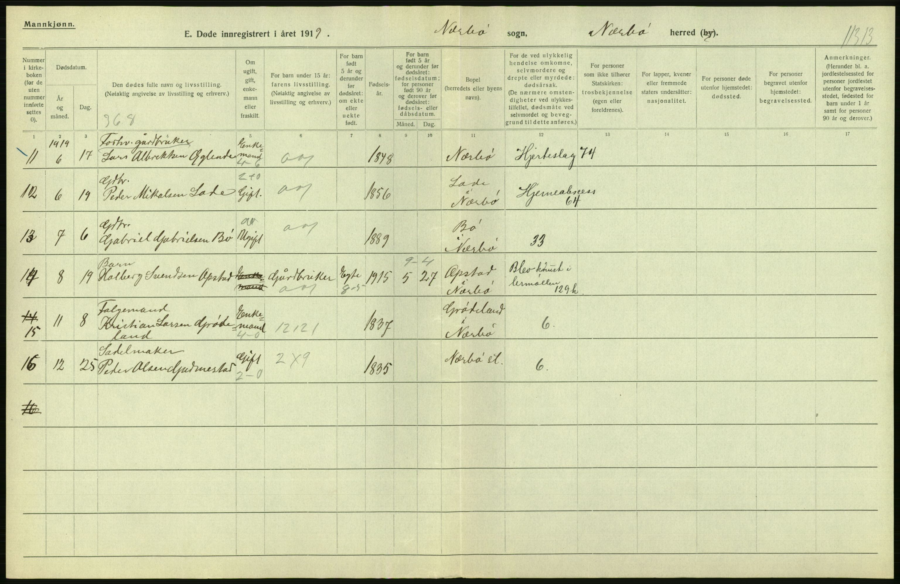 Statistisk sentralbyrå, Sosiodemografiske emner, Befolkning, RA/S-2228/D/Df/Dfb/Dfbi/L0030: Rogaland fylke: Døde. Bygder og byer., 1919, s. 24