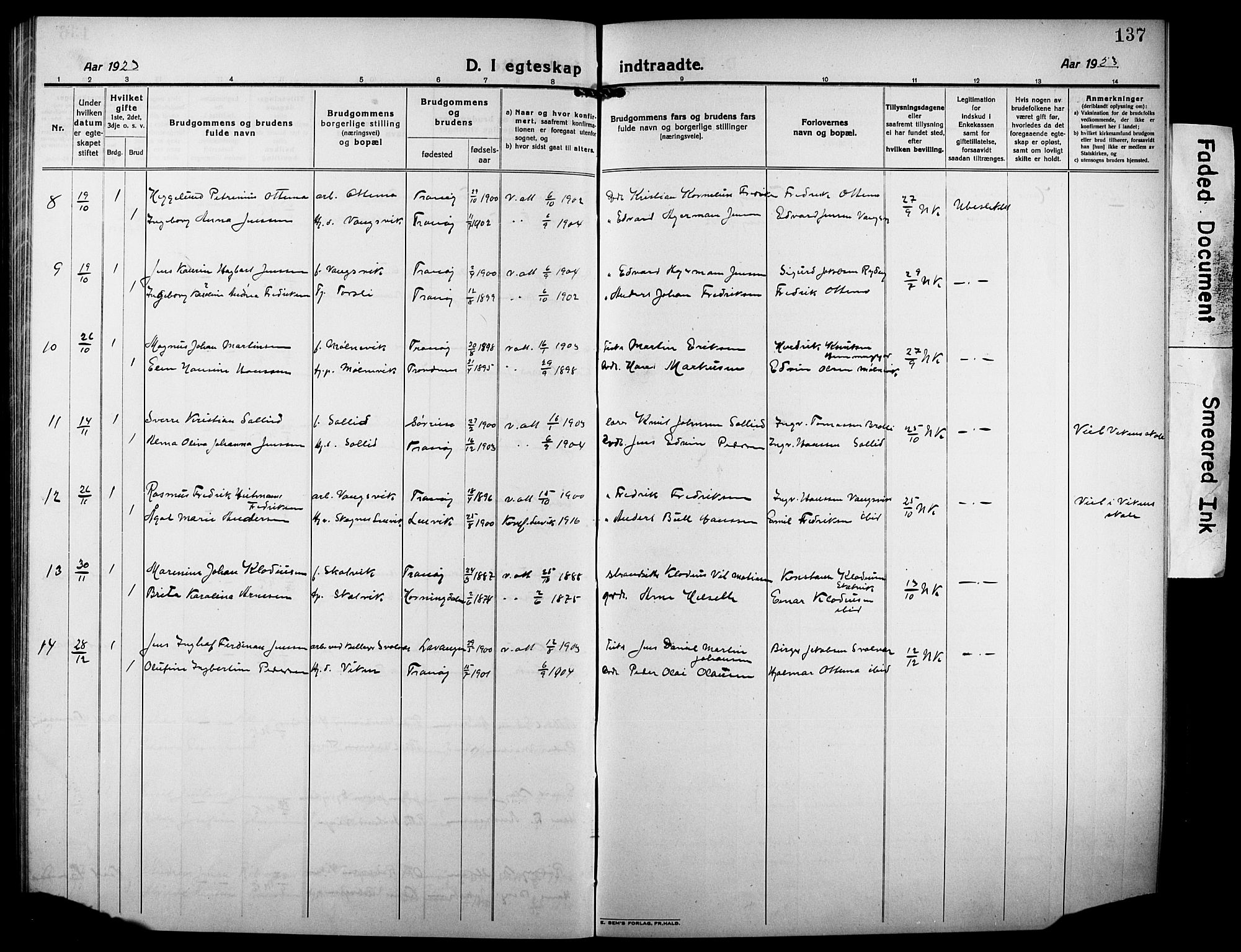 Tranøy sokneprestkontor, AV/SATØ-S-1313/I/Ia/Iab/L0006klokker: Klokkerbok nr. 6, 1919-1932, s. 137