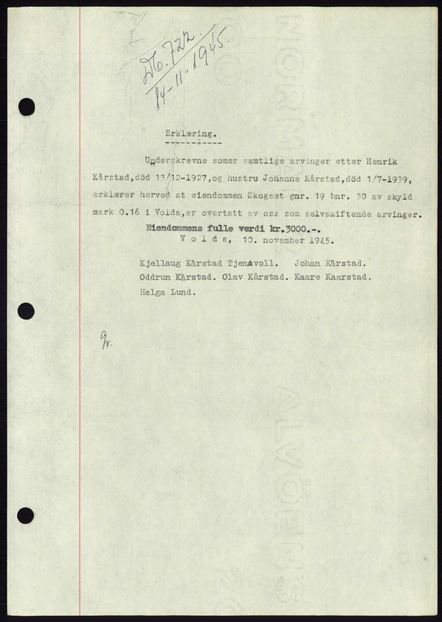 Søre Sunnmøre sorenskriveri, SAT/A-4122/1/2/2C/L0077: Pantebok nr. 3A, 1945-1946, Dagboknr: 722/1945