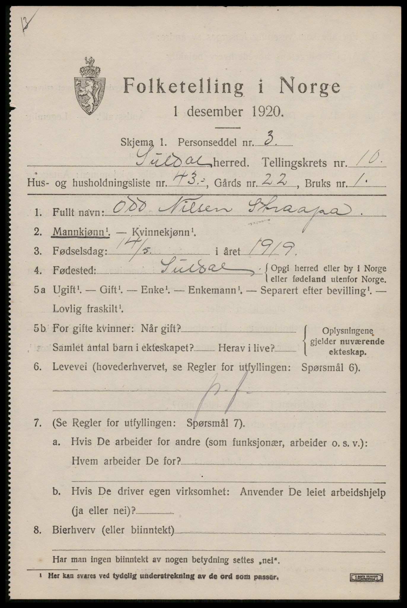 SAST, Folketelling 1920 for 1134 Suldal herred, 1920, s. 3230