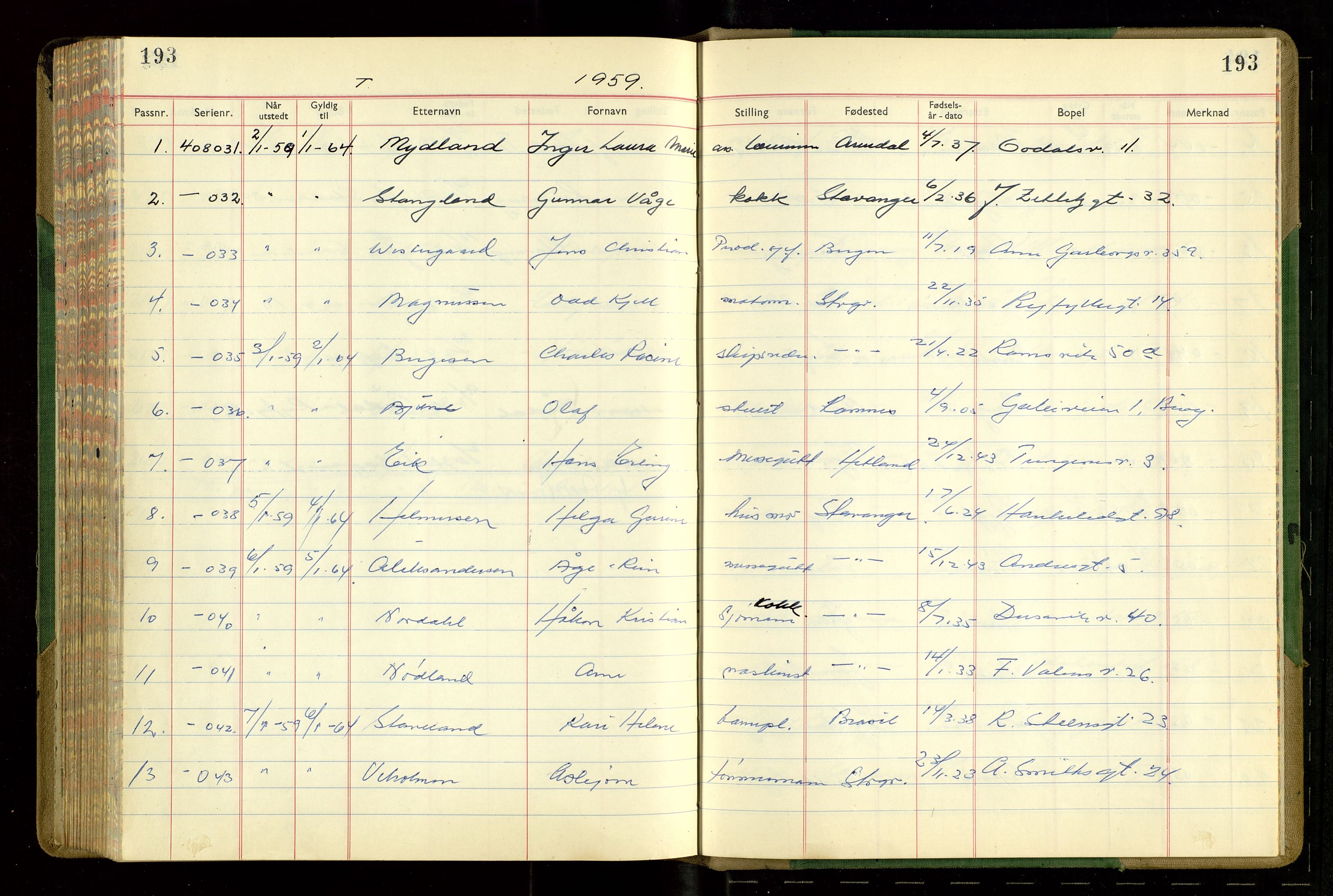 Stavanger politikammer, AV/SAST-A-100361/001/H/Hc/Hcd/Hcdb/L0006: "Passprotokoll", 1957-1959, s. 193