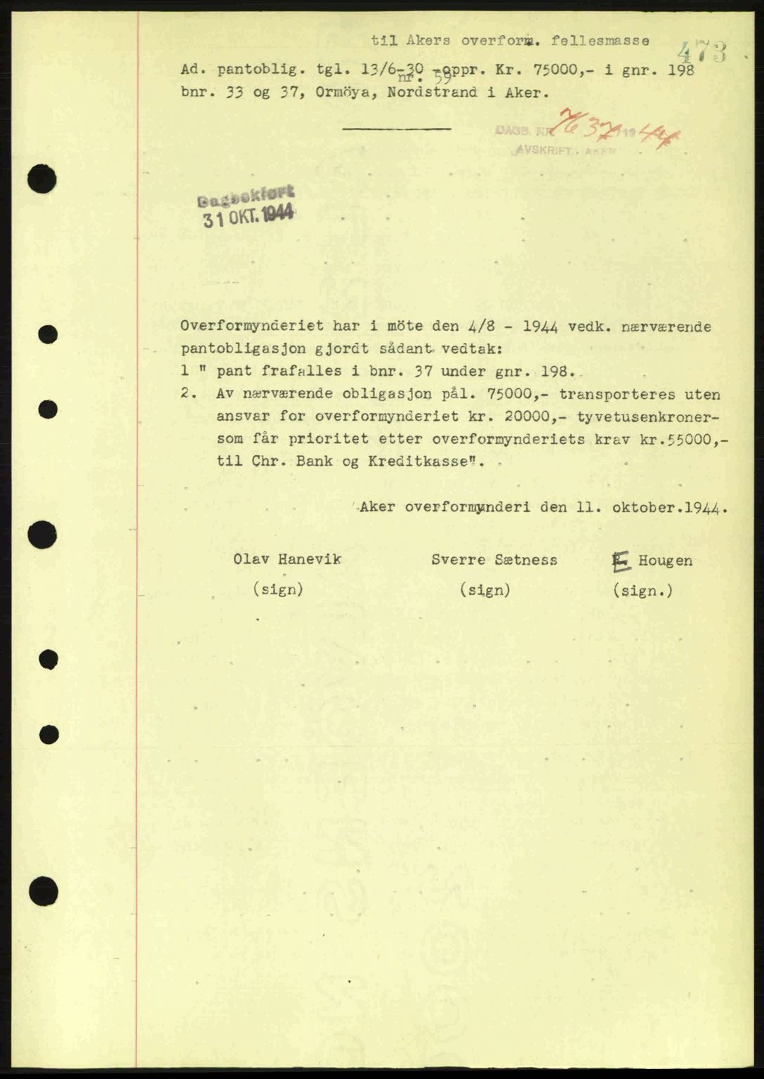 Aker herredsskriveri, SAO/A-10896/G/Gb/Gba/Gbac/L0035: Pantebok nr. B200-201, 1944-1944, Dagboknr: 7637/1944